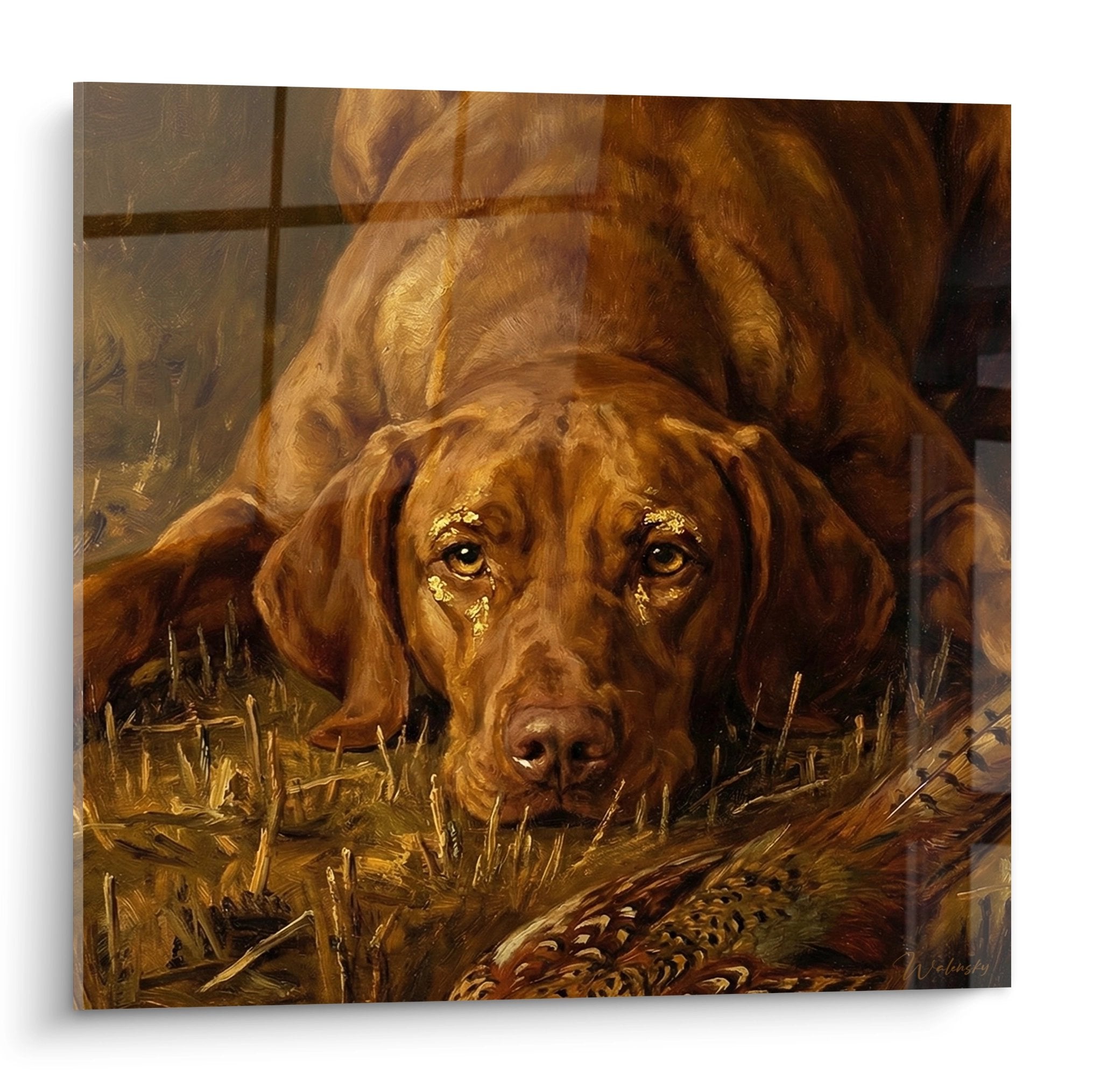 Tableau Vizsla roux couche dans herbes dorees regard melancolique yeux ambre art canin realiste