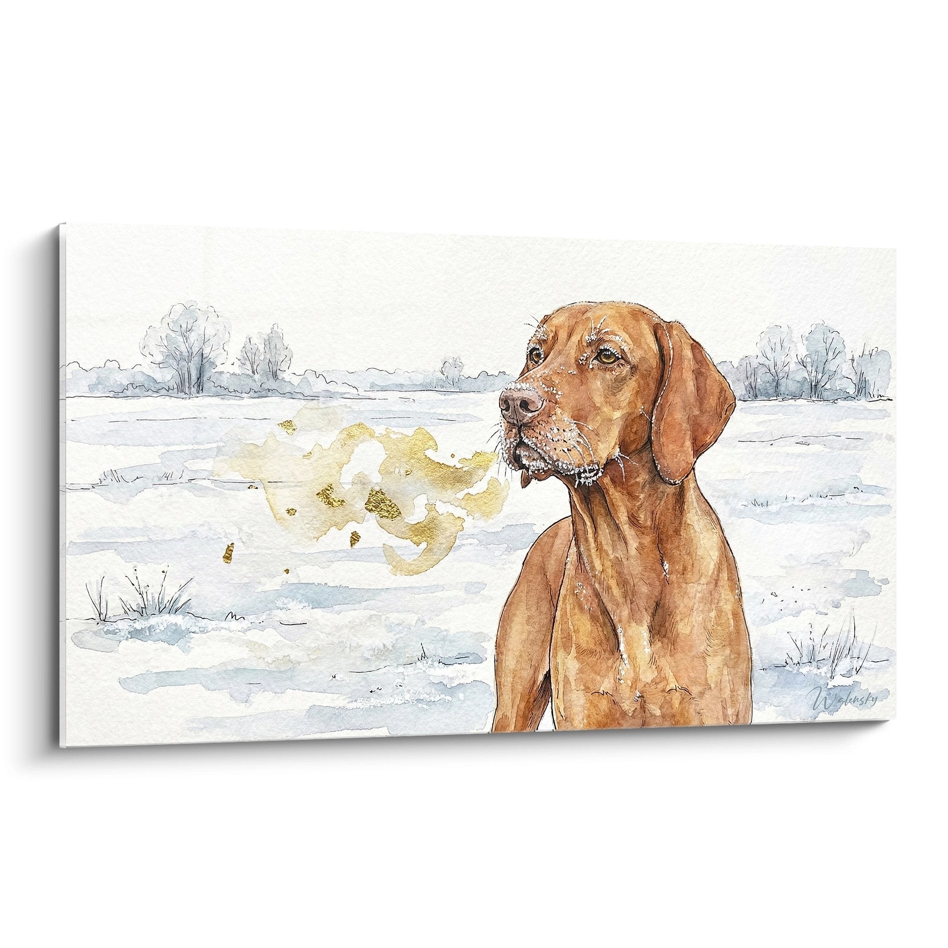 Tableau aquarelle Vizsla roux dans paysage hivernal enneige avec souffle visible