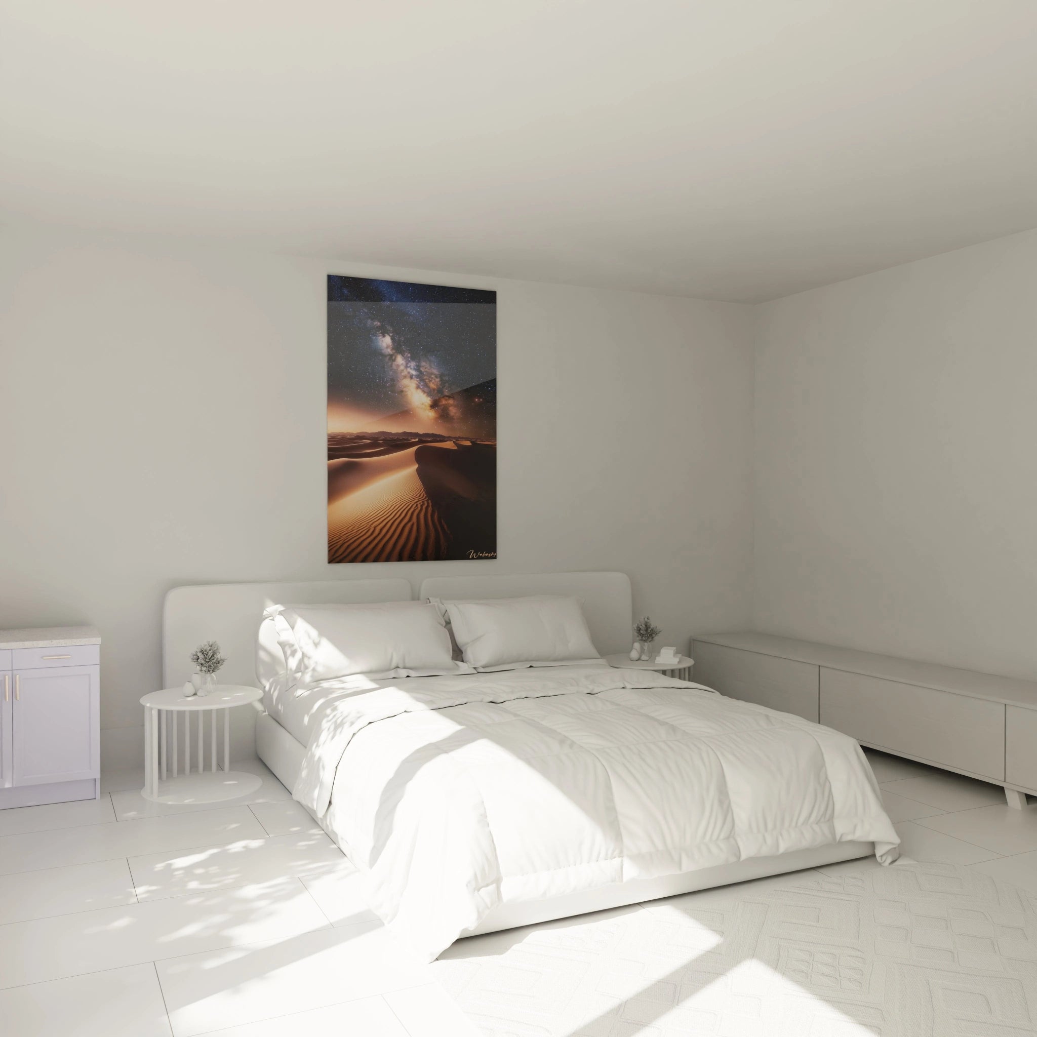 Un tableau espace représentant une étendue de dunes aux reliefs marqués, illuminée par une lumière céleste, avec des nuances d’or, de bleu profond et de noir, et un effet de contraste entre ombre et lumière.

