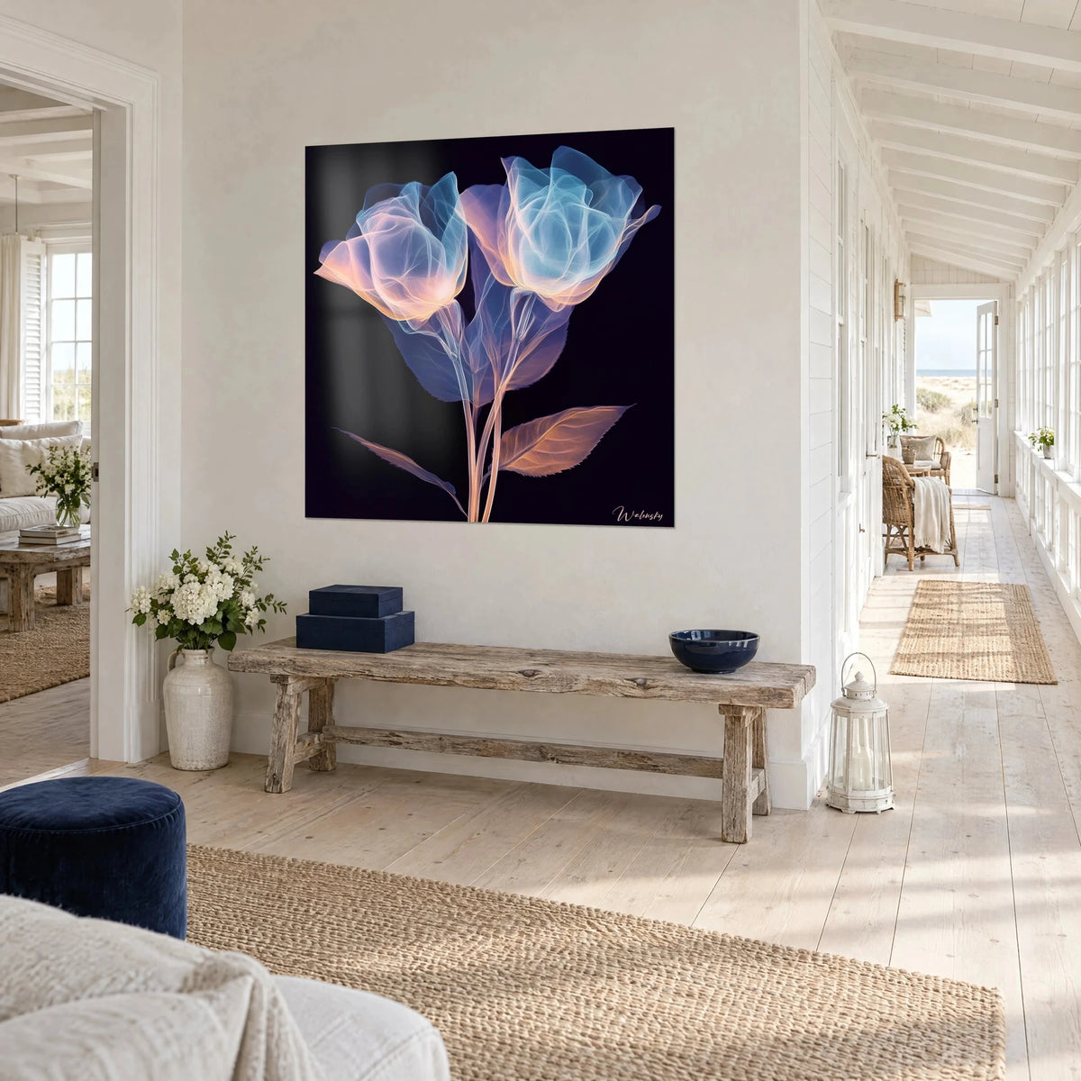 Schilderij boeket van doorzichtige bloemen in hemelsblauw en abrikoos op diep zwart, driekwartaanzicht, gang aan zee