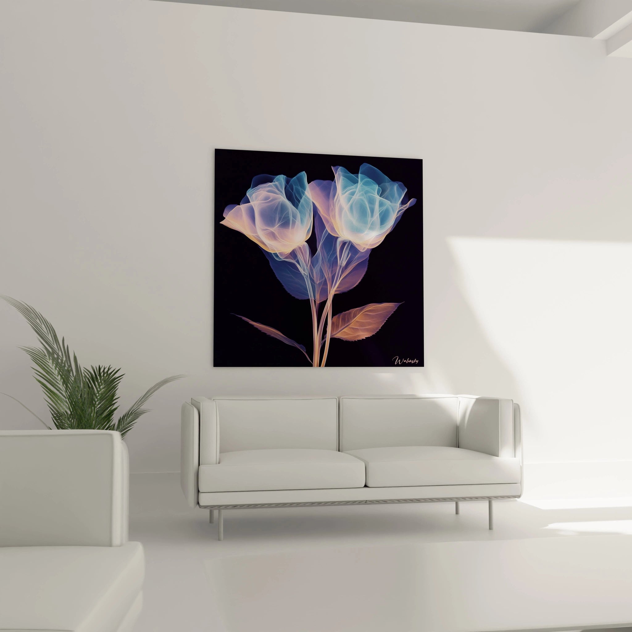 Un tableau fleurs néon montrant deux fleurs spectrales avec des pétales translucides aux reflets bleutés et orangés. Les structures botaniques délicates sont révélées par des lignes lumineuses qui créent un effet de dentelle éthérée sur l'arrière-plan noir profond.
