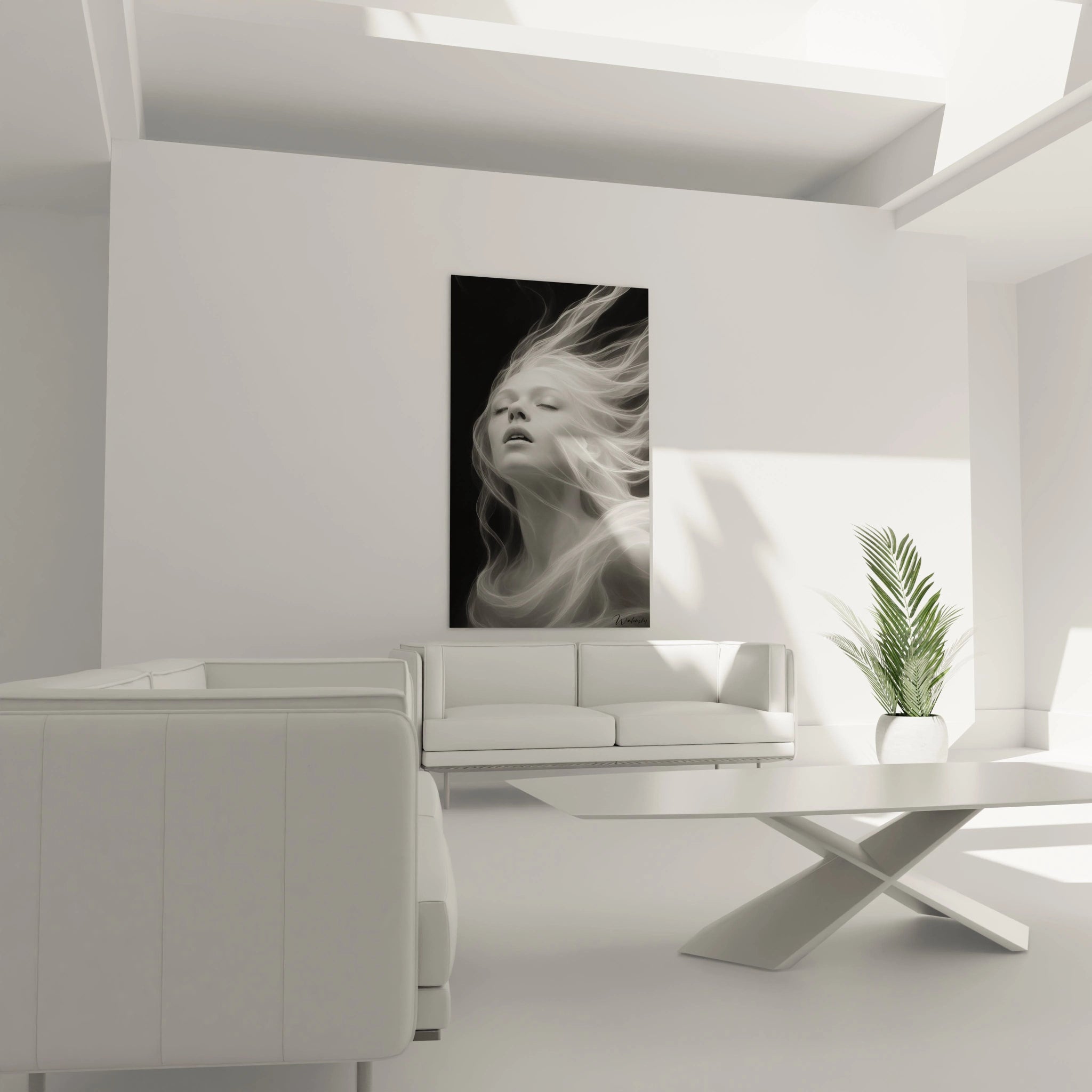 Un tableau visage contemplatif représentant une femme dans un état de sérénité. La composition monochrome joue sur les contrastes entre la peau lumineuse et l'arrière-plan noir, avec des cheveux filamenteux créant une impression de mouvement fluide et aérien.
