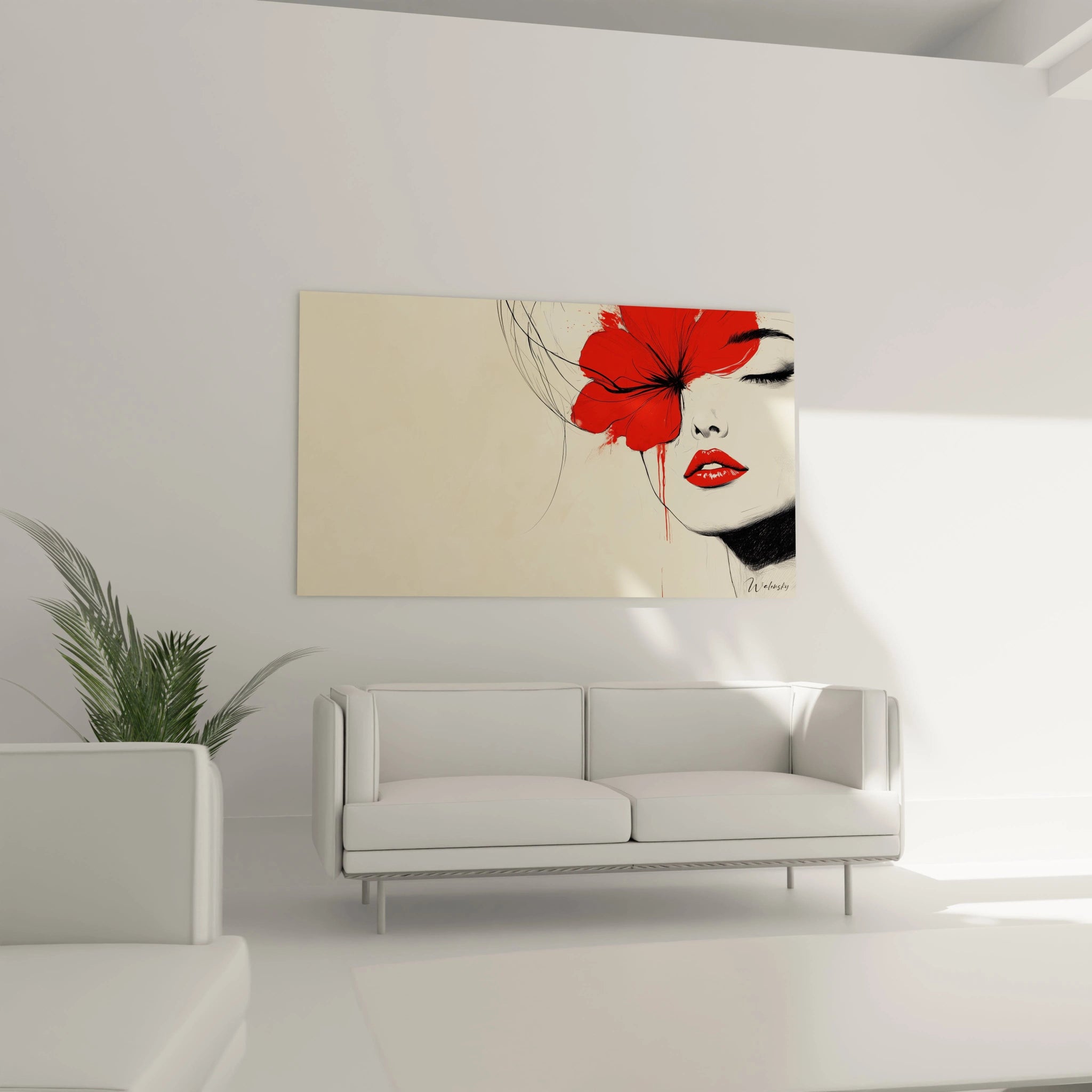 Un tableau visage abstrait artistique présentant un portrait féminin épuré où une fleur rouge vif se substitue partiellement au visage. La composition joue sur le contraste entre le rouge intense, le beige lumineux du fond et les traits noirs fins qui définissent les contours essentiels.
