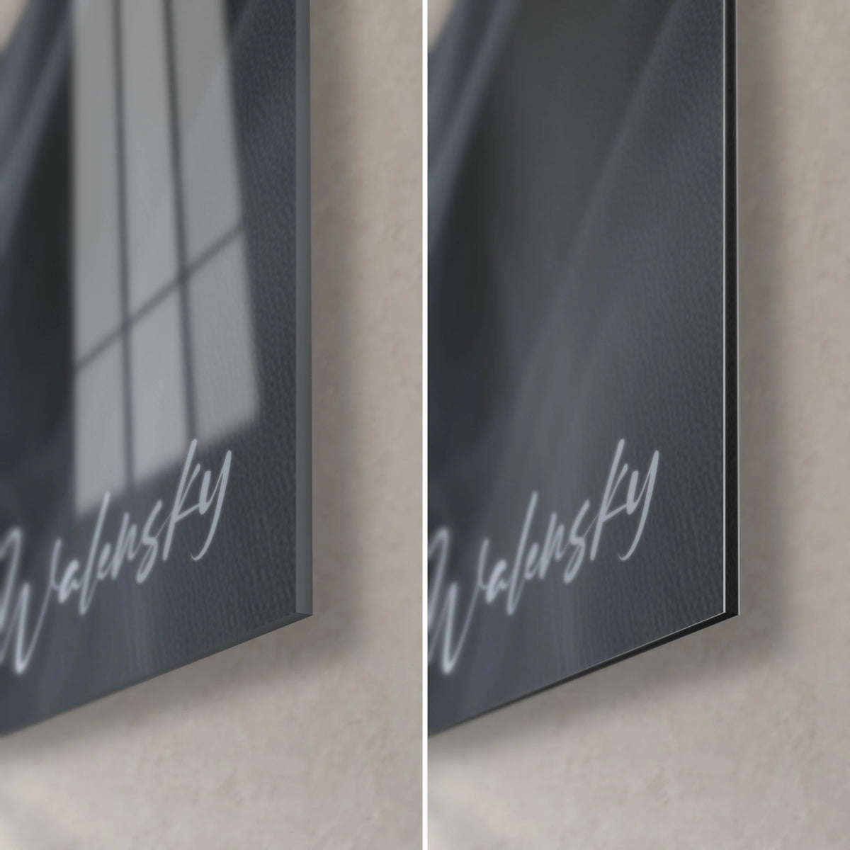 Wall art of translucent white and grey fabric, bottom right corner: glossy acrylic glass on the left, matte Dibond on the right, 3 mm edge