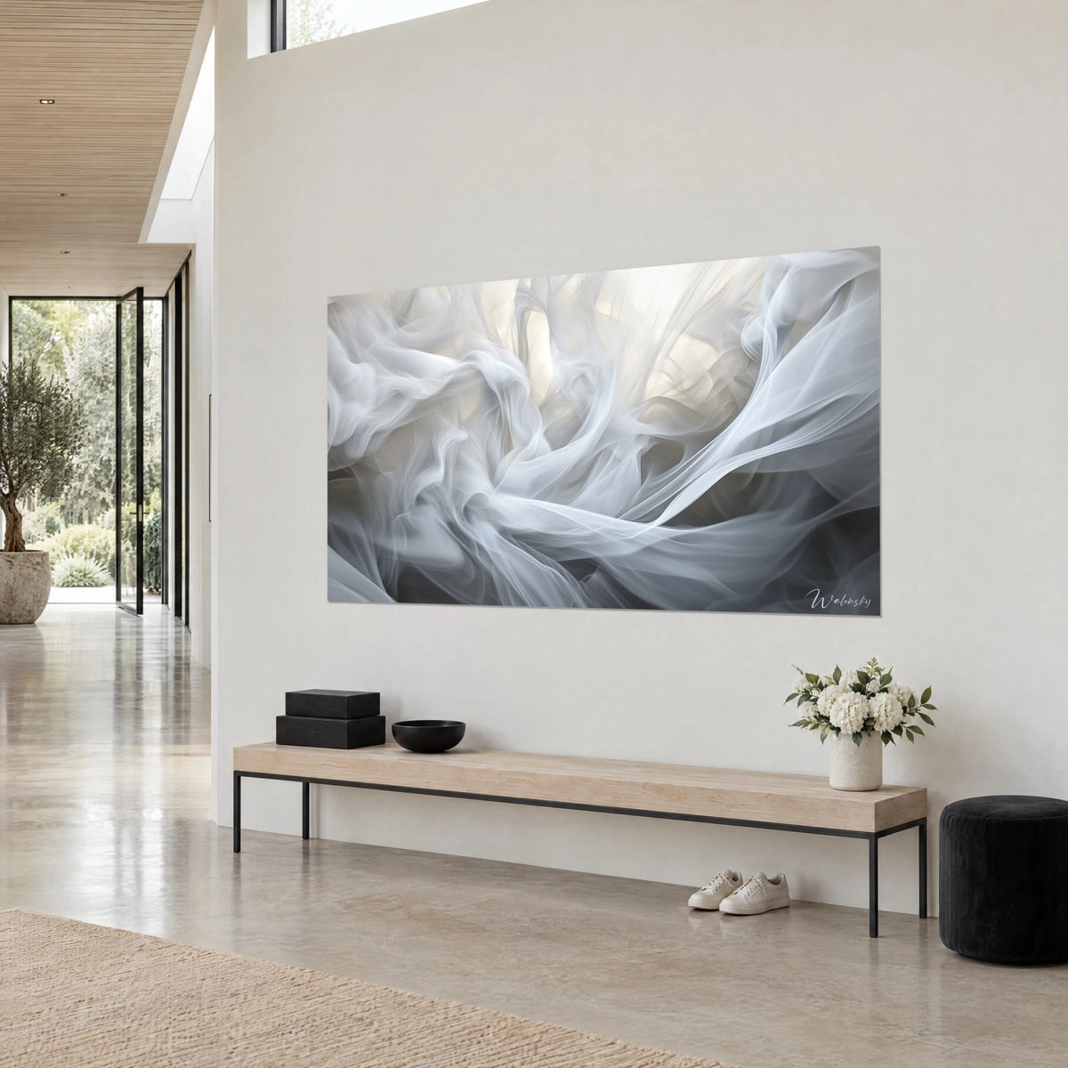 Wall art of flowing white mother-of-pearl drapery with pearl-grey folds, shown three-quarter view on a beige wall, wooden bench at its feet