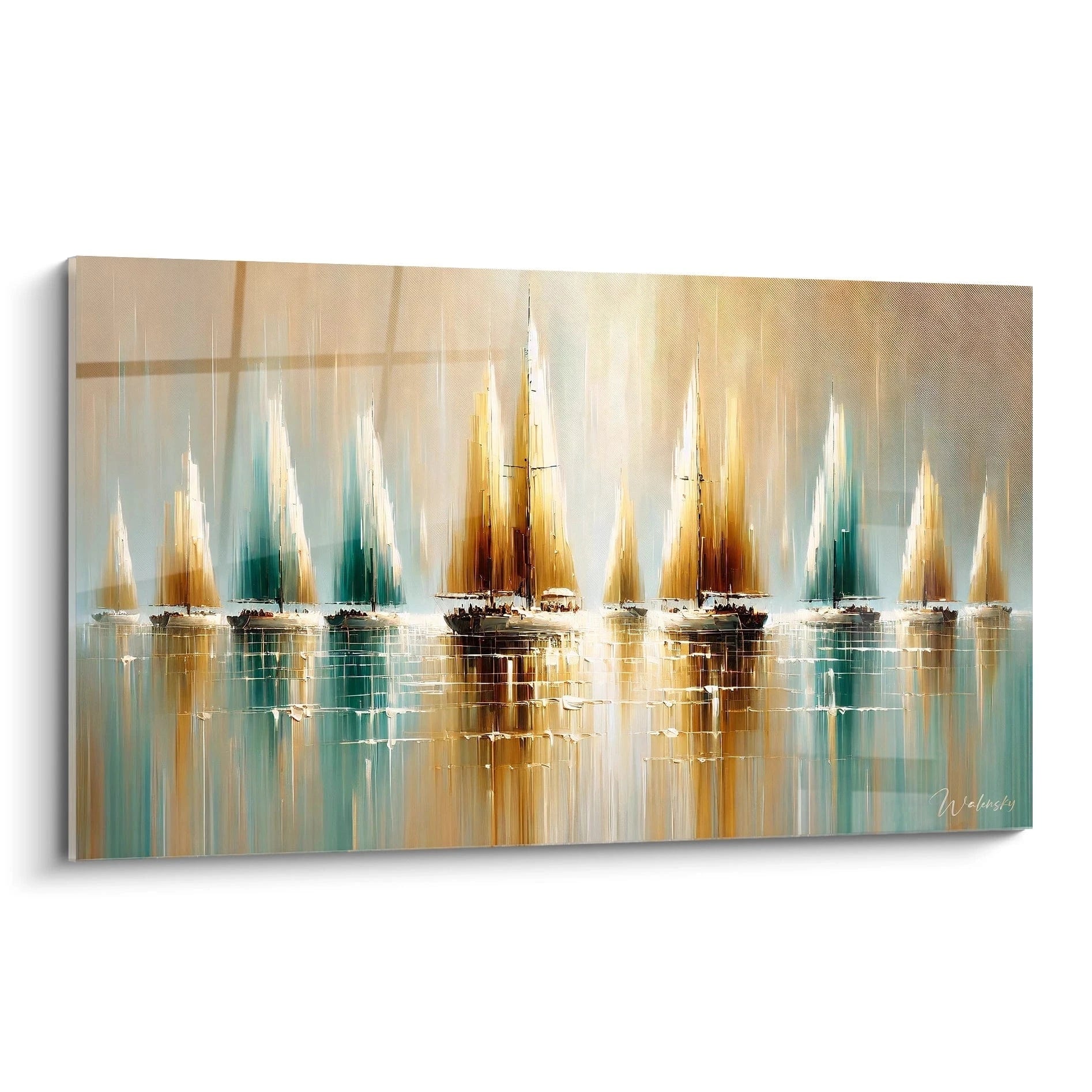 tableau expressionniste abstrait aux nuances de bleu beige et or vue de biais voiles flottant en mouvement inspiration maritimes ambiance apaisante et evocatrice de liberte reflets dorés sur la mer

