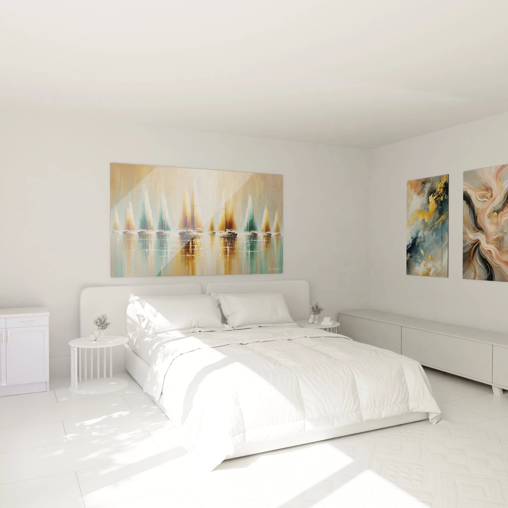 tableau expressionniste abstrait au-dessus du lit dans une chambre ambiance maritime apaisante touches douces et etirees representant des voiles bleues beiges et or flottant au coucher de soleil

