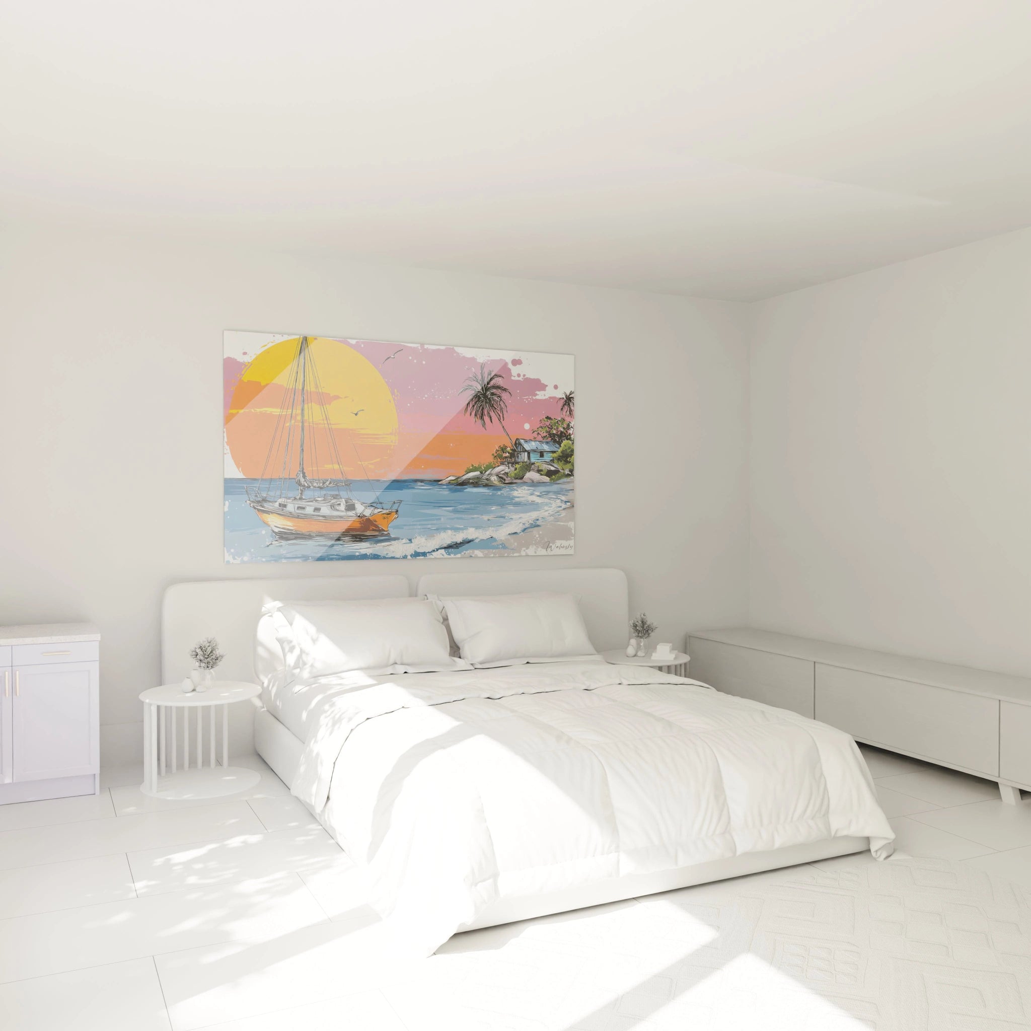 Walensky tableau voilier coucher de soleil tableau mural colore voilier palmiers plage accroche au dessus d un lit blanc