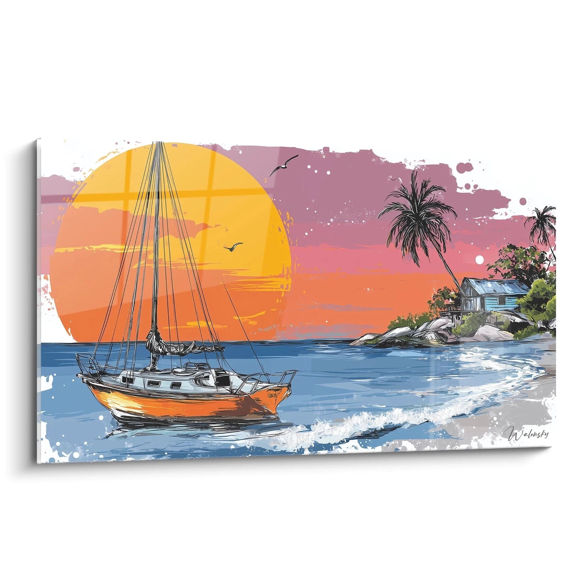 Tableau Walensky tableau voilier coucher de soleil montrant un voilier orange près dune ile tropicale, vagues, palmiers et maison