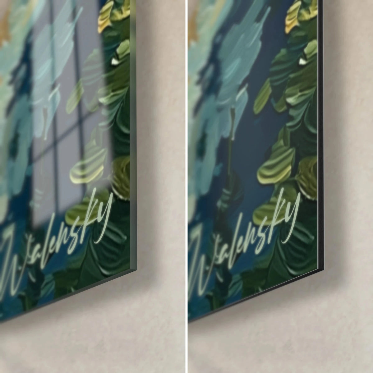 Tableau voile blanche sur mer turquoise, coin bas droit en verre brillant aux reflets et Dibond mat vert profond, tranche de 3 mm