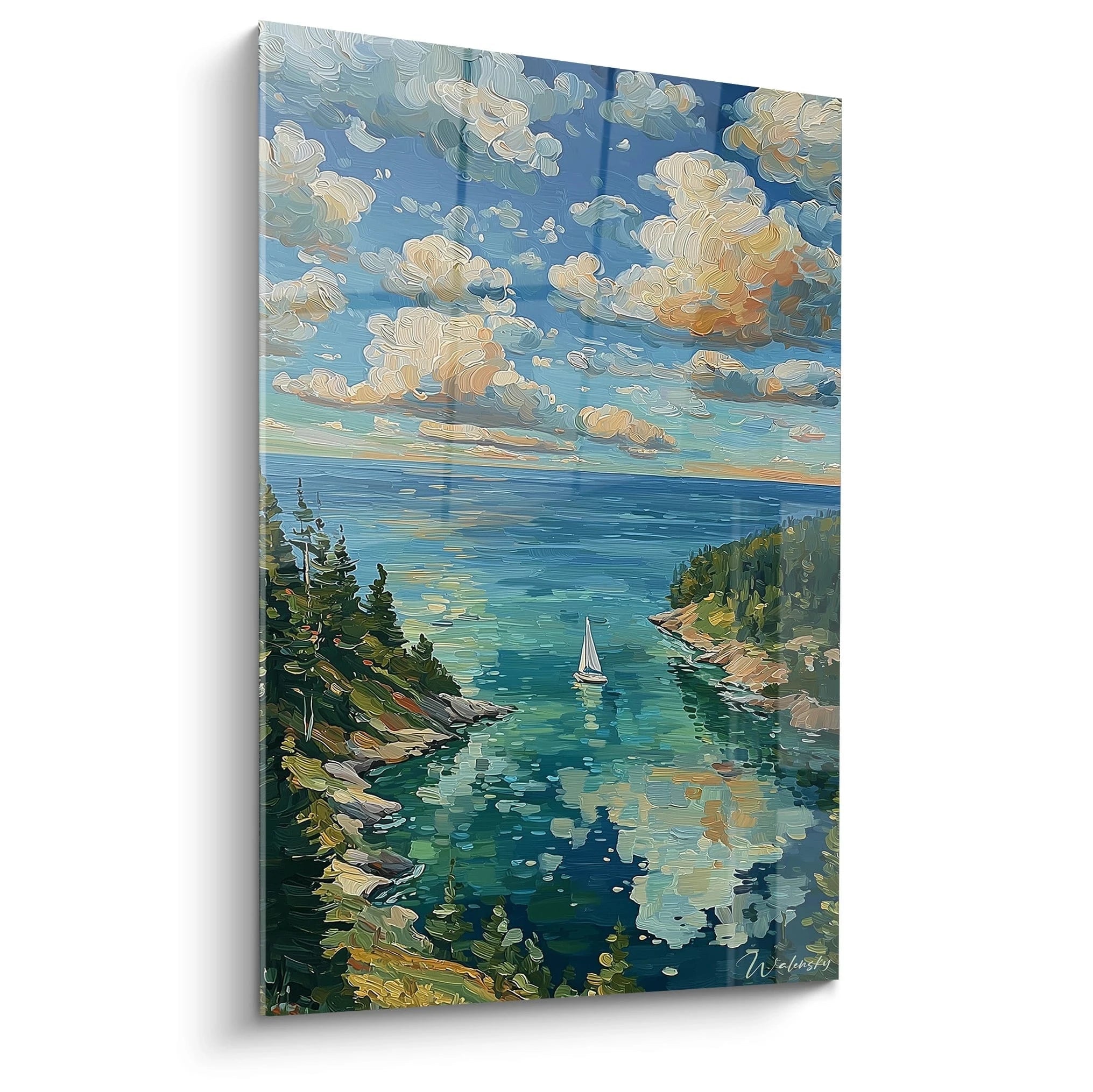 Walensky tableau mural paysager montrant un voilier entre criques et eau turquoise tableau voilier lumière estivale