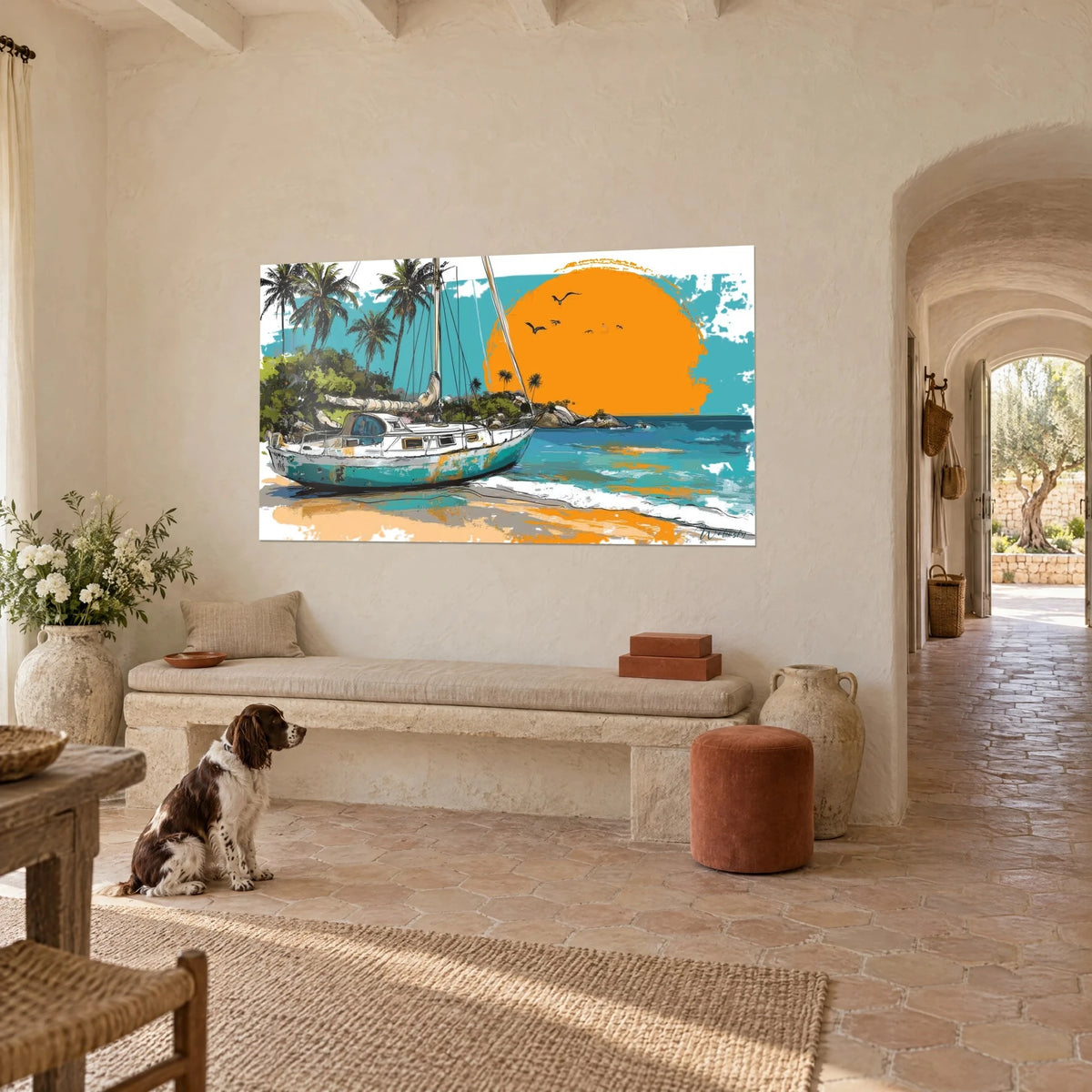 Wall art white and turquoise yacht on the sand, orange disc behind the palm trees, beside a spaniel in a Provençal farmhouse