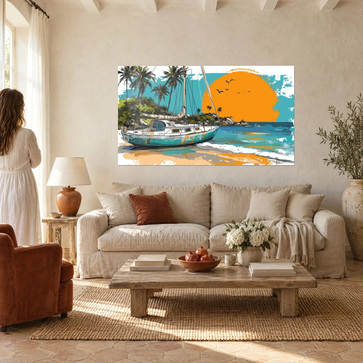 Wall art stranded sailboat with rusted turquoise hull, giant orange sun and palm trees, above a sofa in a bright living room