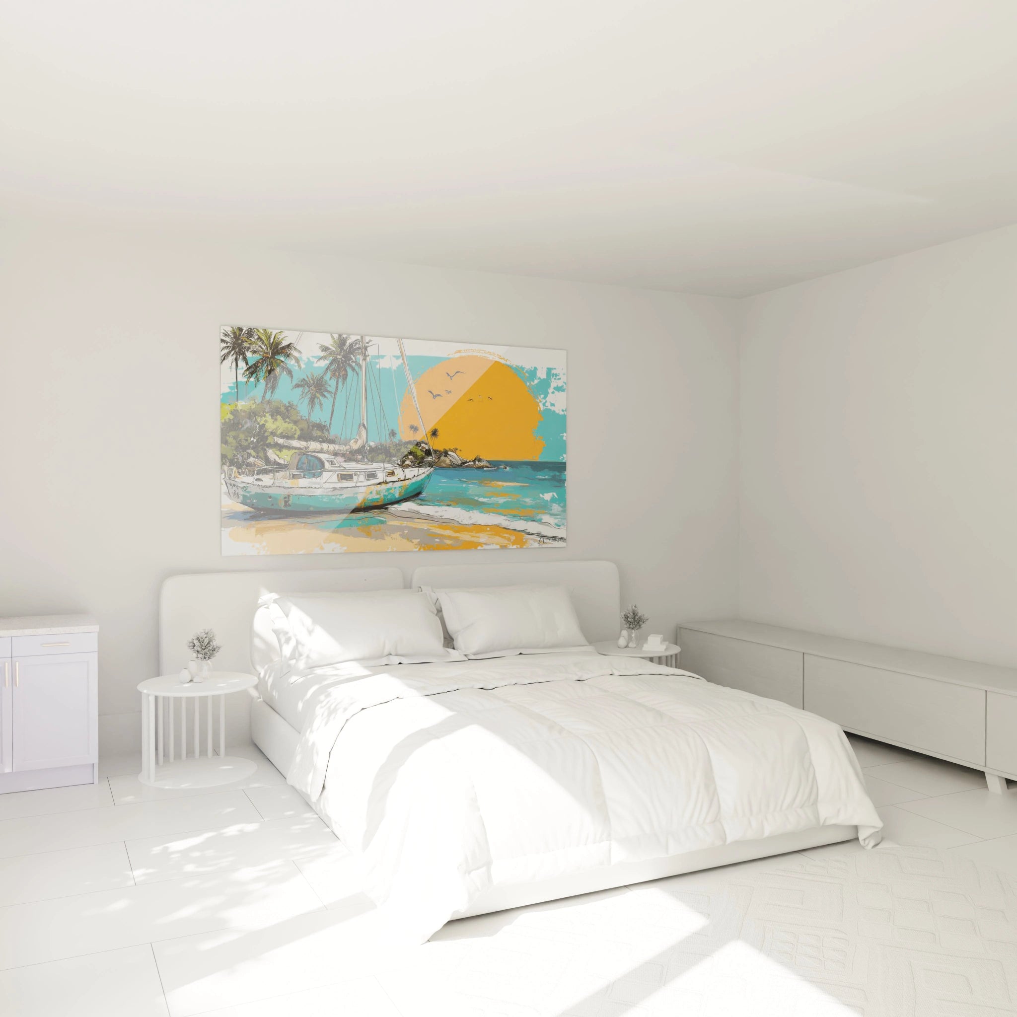 Chambre blanche minimaliste avec lit king et tableau voilier décoration murale Walensky coloré plage et palmiers