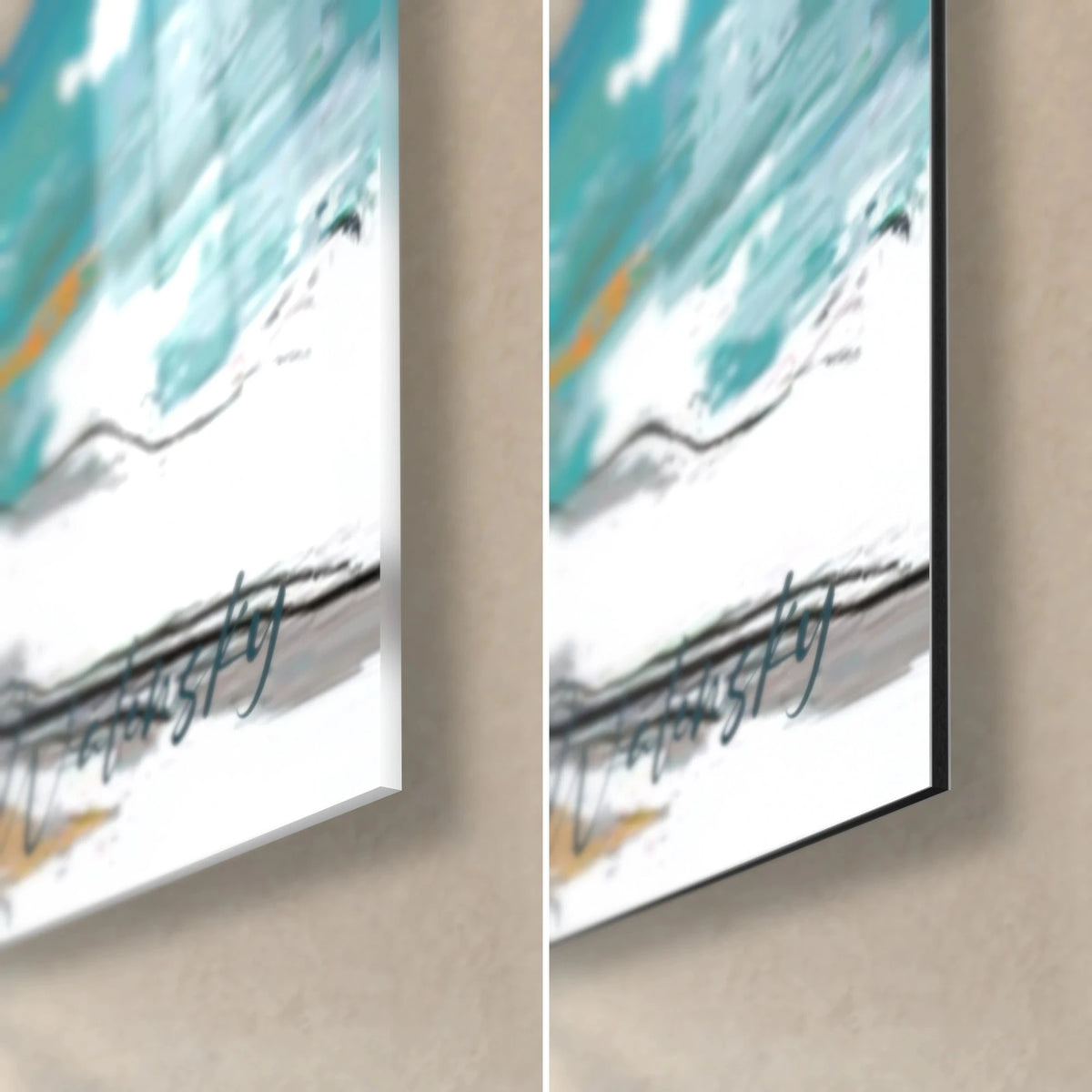 Wall art sailboat with turquoise hull, white splashes in the lower right corner, glossy glass on the left and matte Dibond on the right