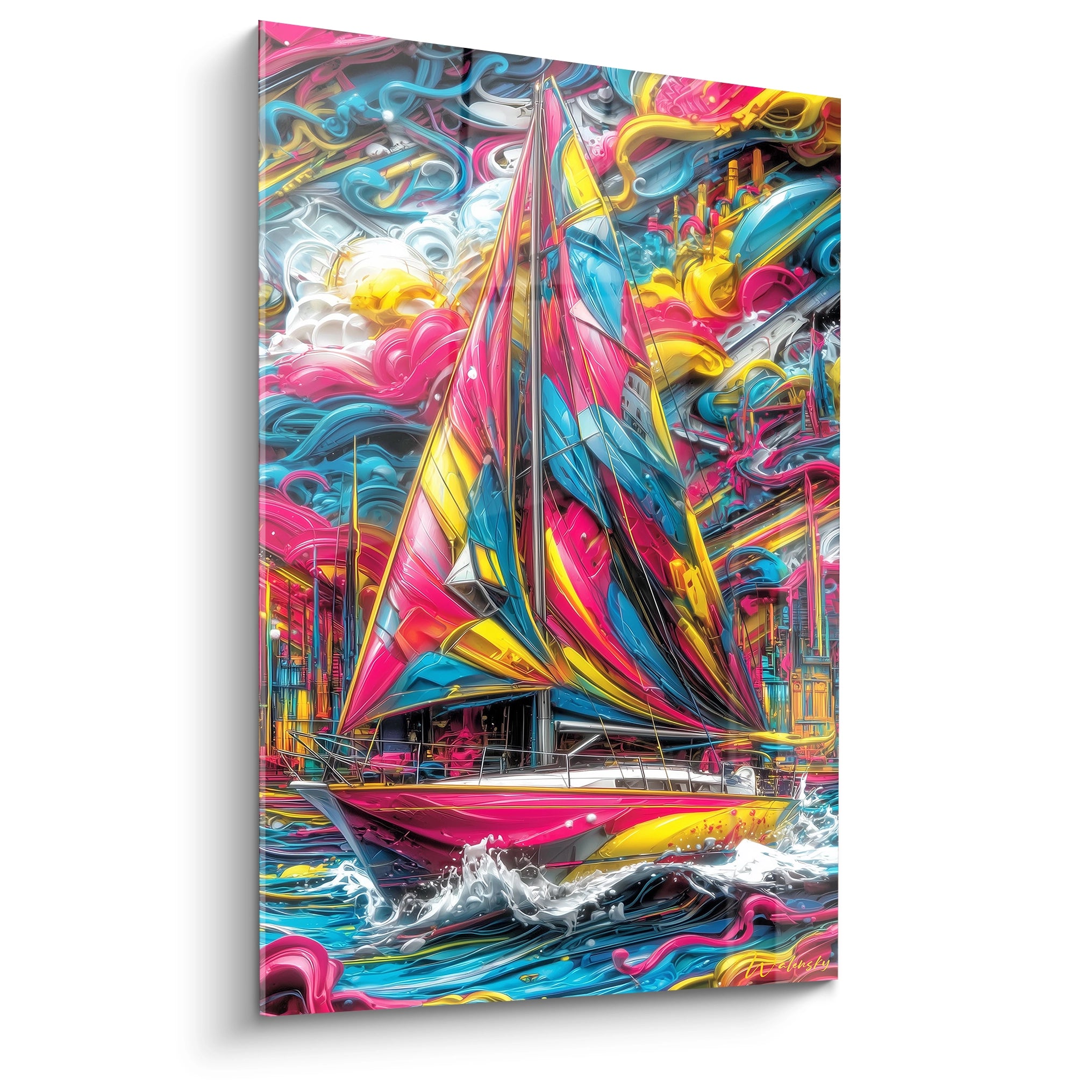Tableau mural voilier multicolore avec voiles roses et bleues sur fond marin abstrait coloré