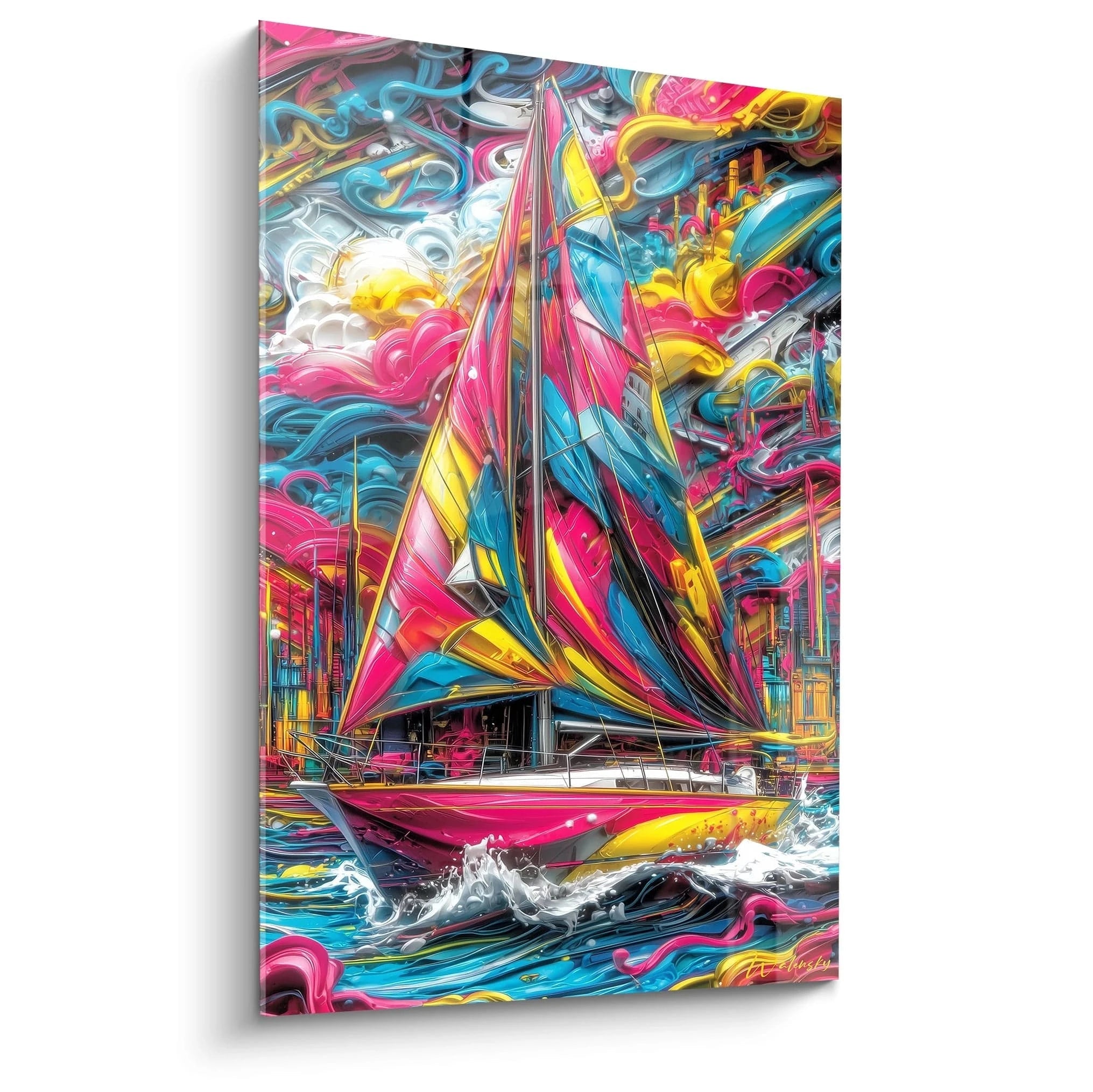 Tableau mural voilier multicolore avec voiles roses et bleues sur fond marin abstrait coloré