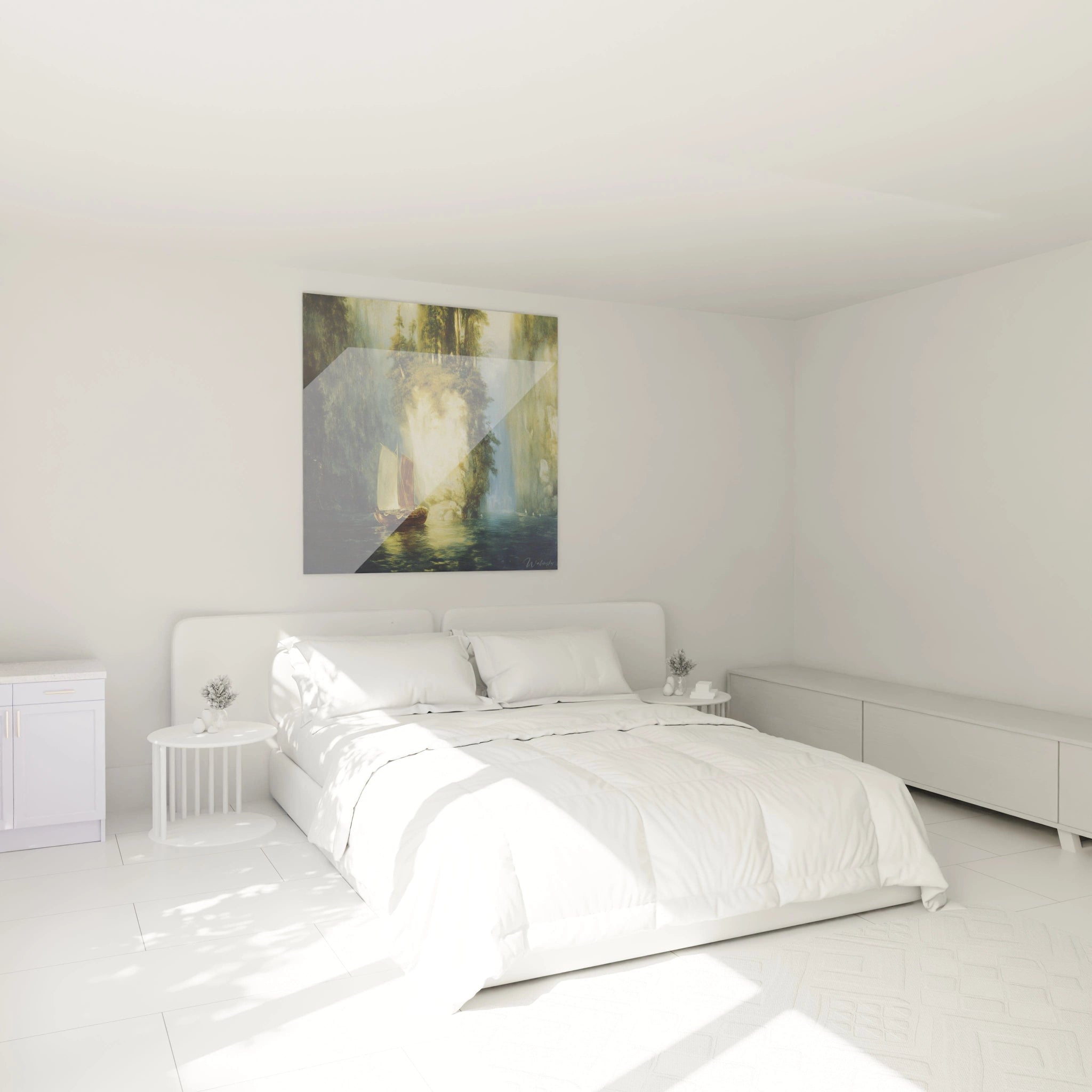 Walensky tableau voilier romantisme accroché au dessus d un lit blanc dans une chambre minimaliste lumineuse