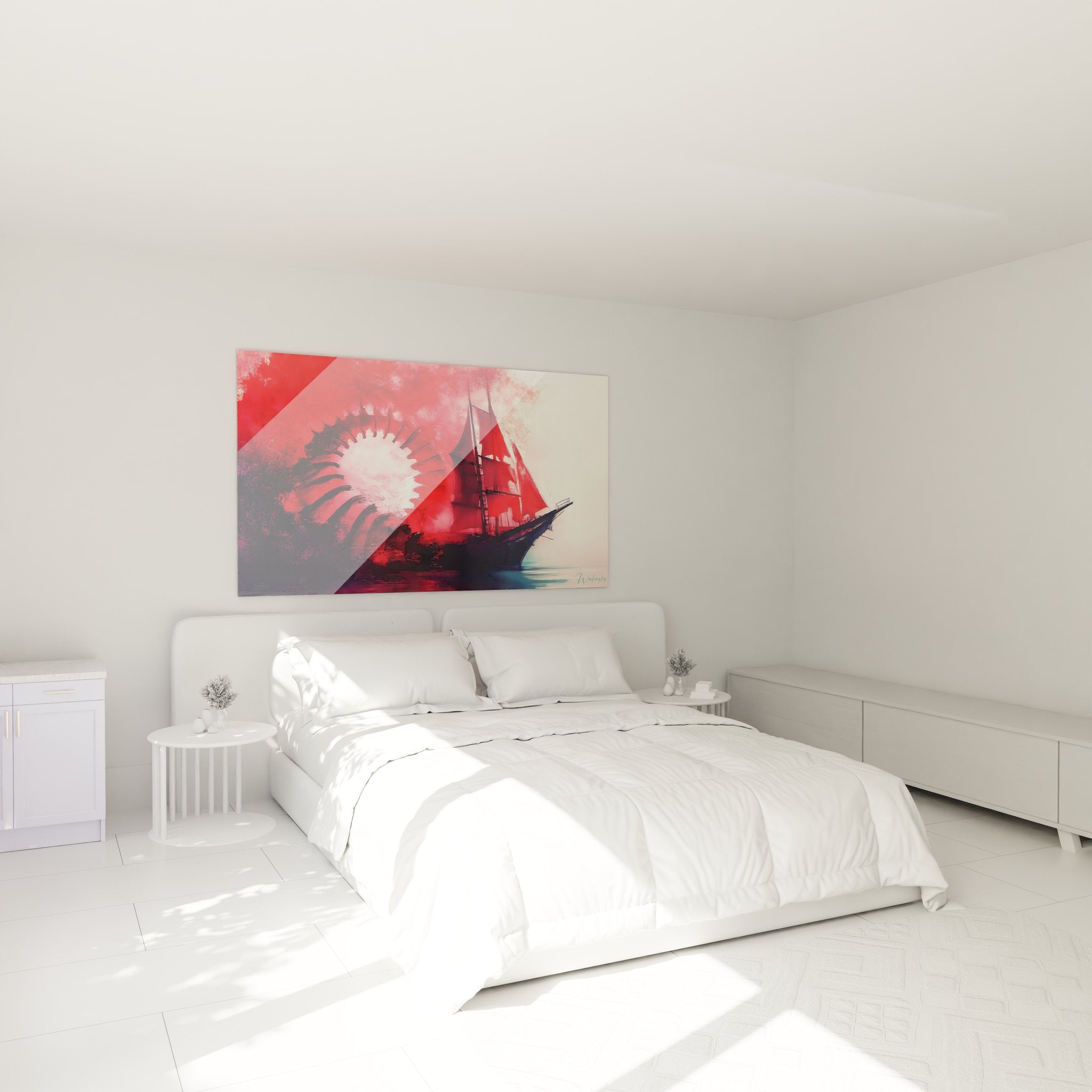 Tableau bateau voilier tempête rouge décorant une chambre moderne, ambiance maritime élégante