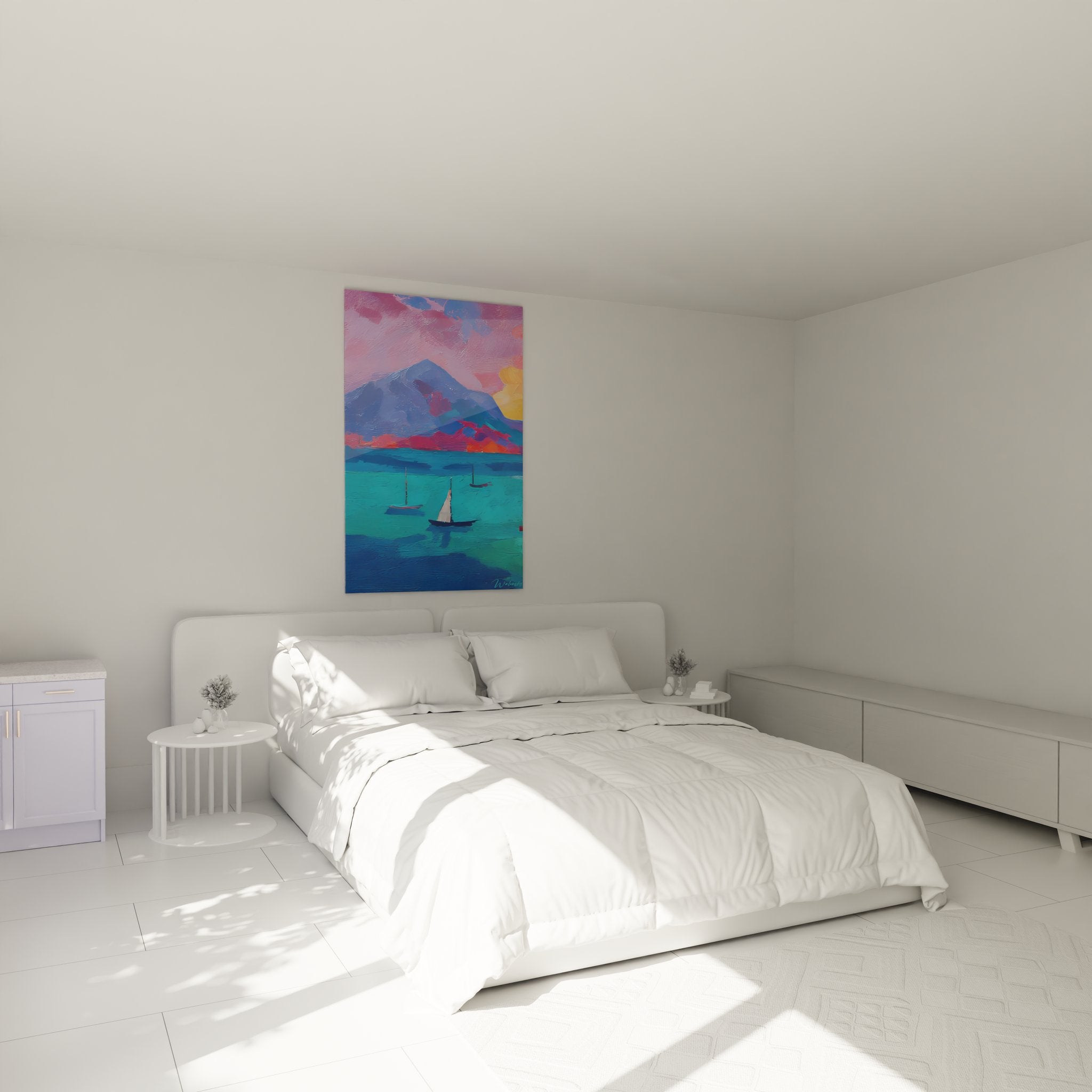 Tableau voiliers lac dans chambre moderne, décoration murale marine apaisante aux tons bleus et roses