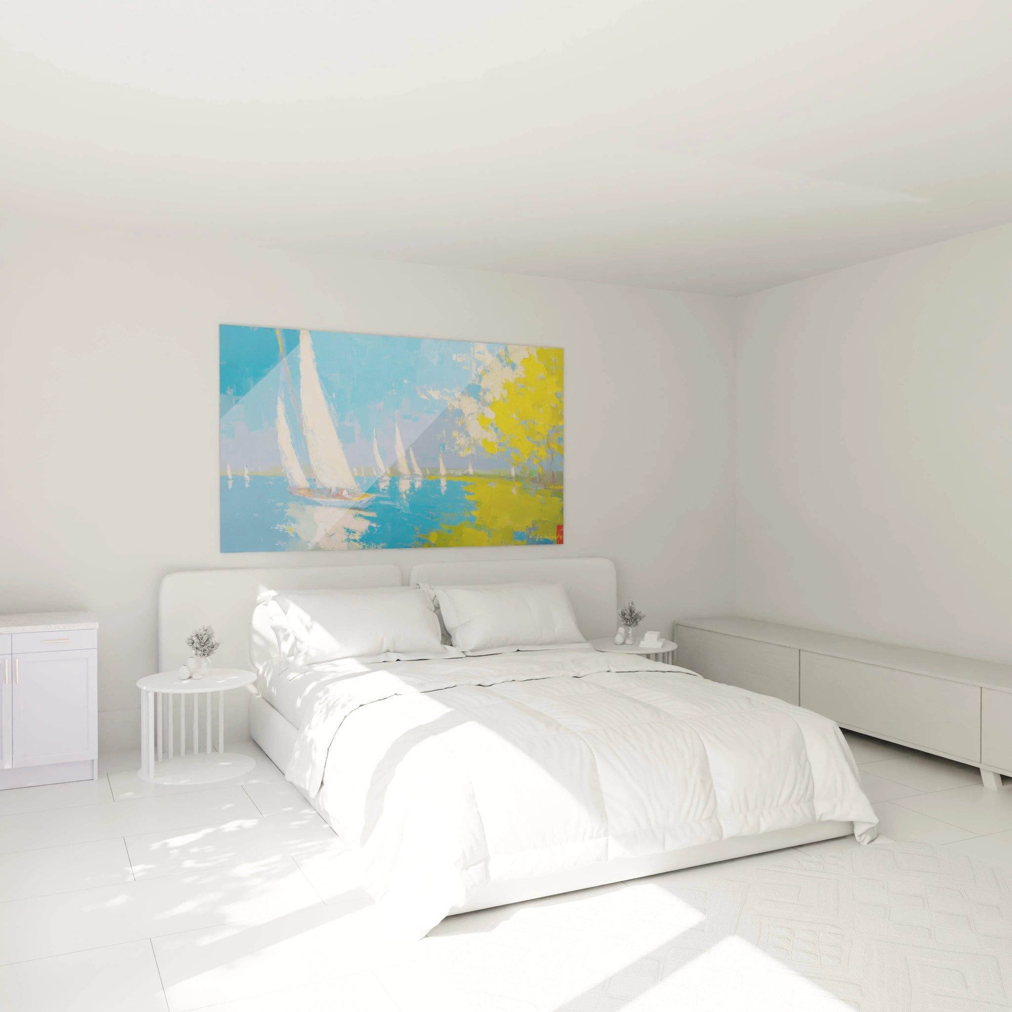 Walensky tableau voiliers impressionniste grand format au dessus du lit blanc minimaliste dans une chambre lumineuse