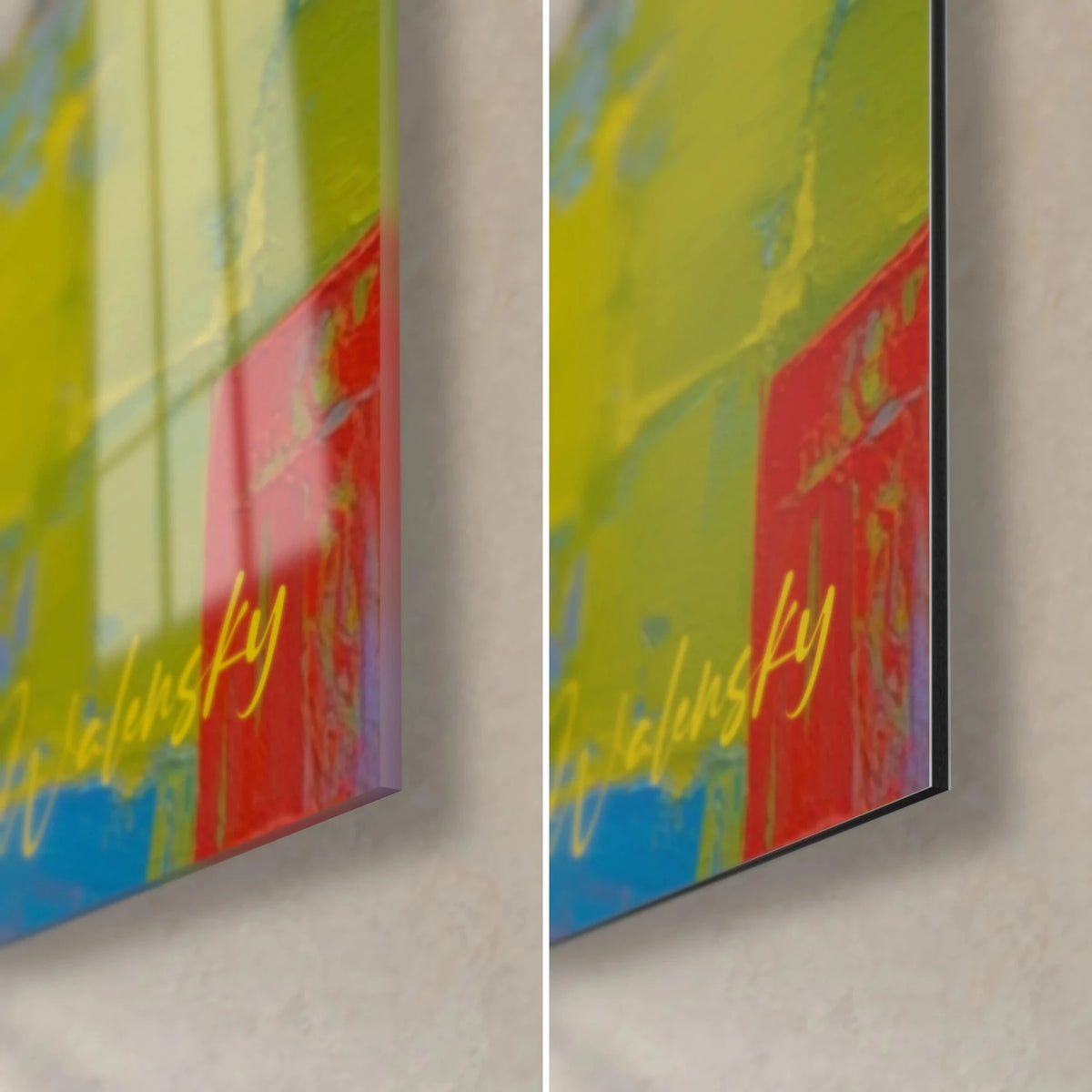 Quadro velieri a pittura a spatola, angolo in basso a destra: timbro rosso e firma gialla, vetro lucido e Dibond opaco