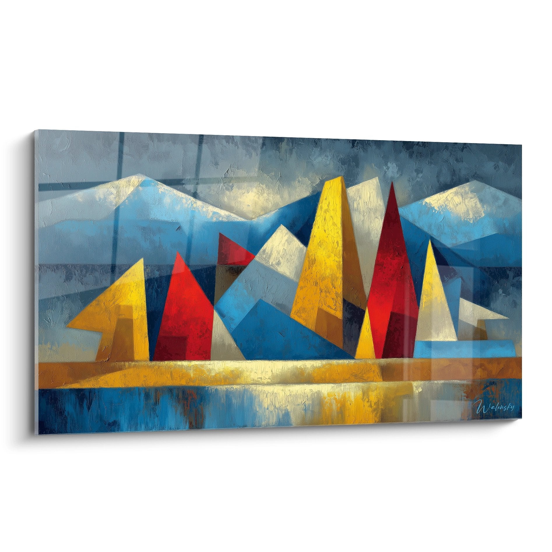 Tableau mural voiliers géométriques colorés naviguant devant montagnes bleues style cubiste moderne