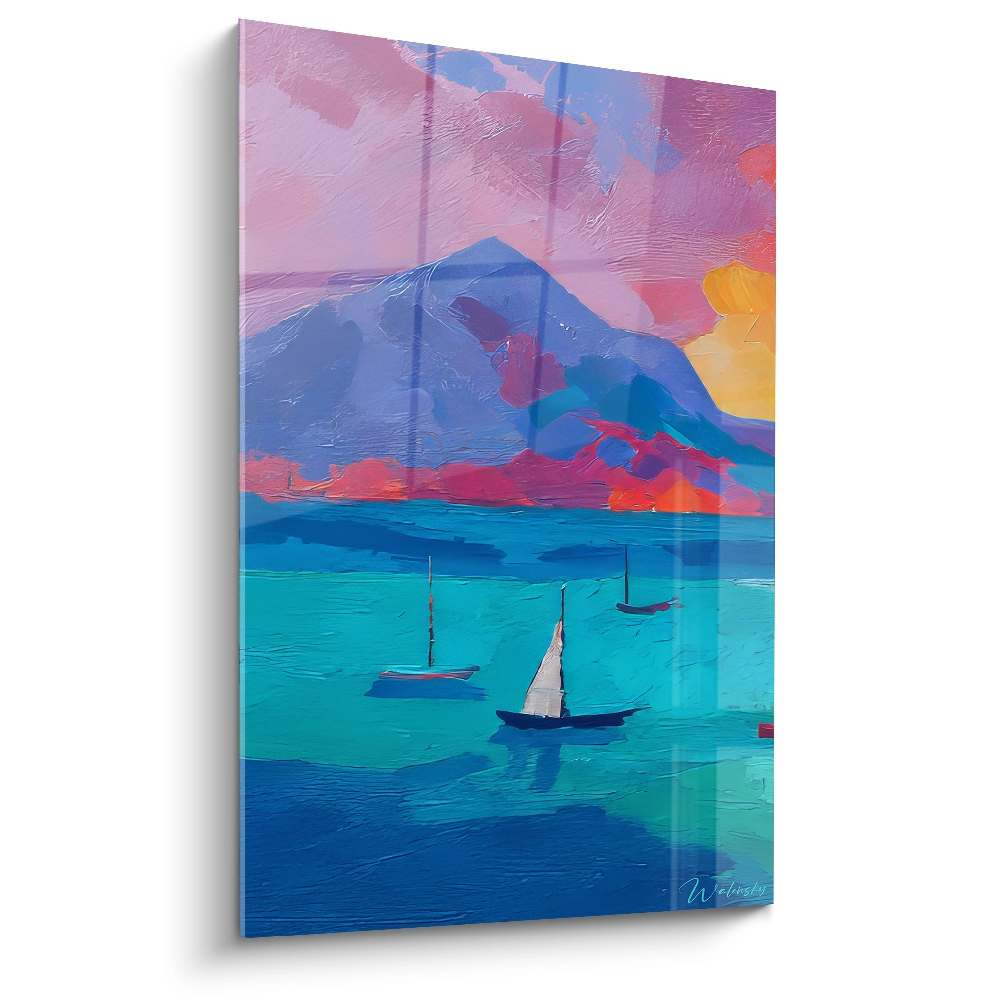 Tableau mural voiliers sur lac aux couleurs vives, art abstrait bord de mer pour décoration intérieure moderne