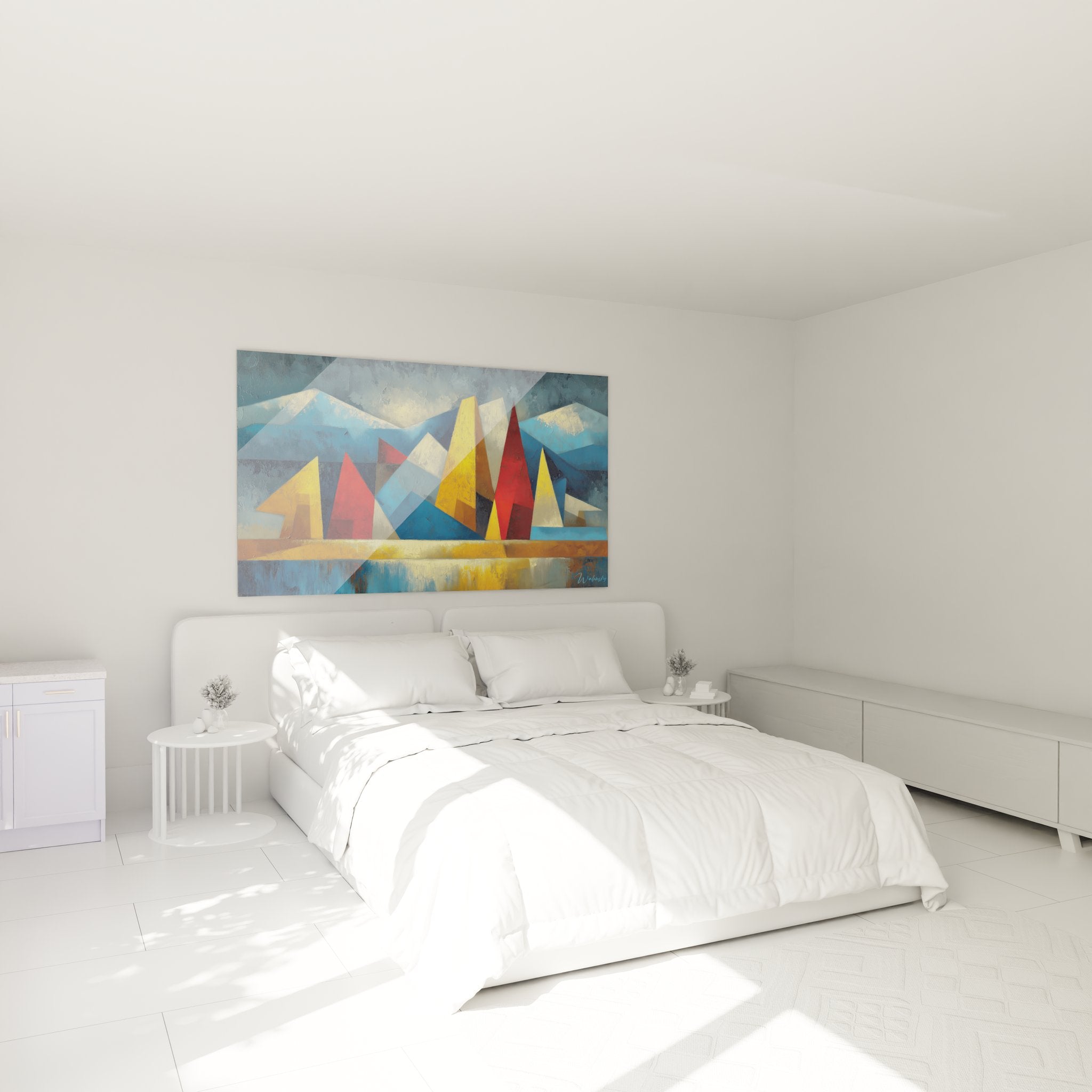 Tableau voiliers montagne géométrique dans chambre moderne avec décoration murale artistique contemporaine