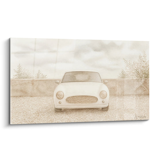 Tableau Voiture ancienne beige sur allée gravillonnée - Souvenir d'une balade - Edition voiture