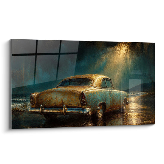 Tableau Voiture ancienne dorée et turquoise sous la pluie - Splendeur oubliée - Edition voiture
