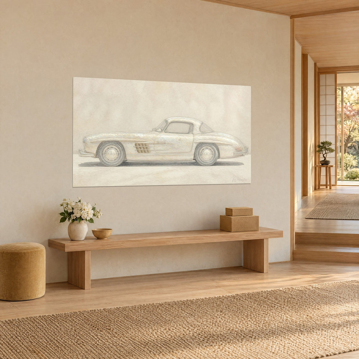 Wall art of a classic car with a rounded roof, iridescent cream bodywork on a sand background, grey tyres, wooden bench in three-quarter view