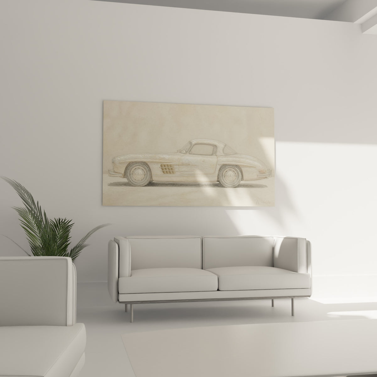 Silhouette automobile beige sablé et gris perle placée au-dessus d'un canapé dans un salon lumineux