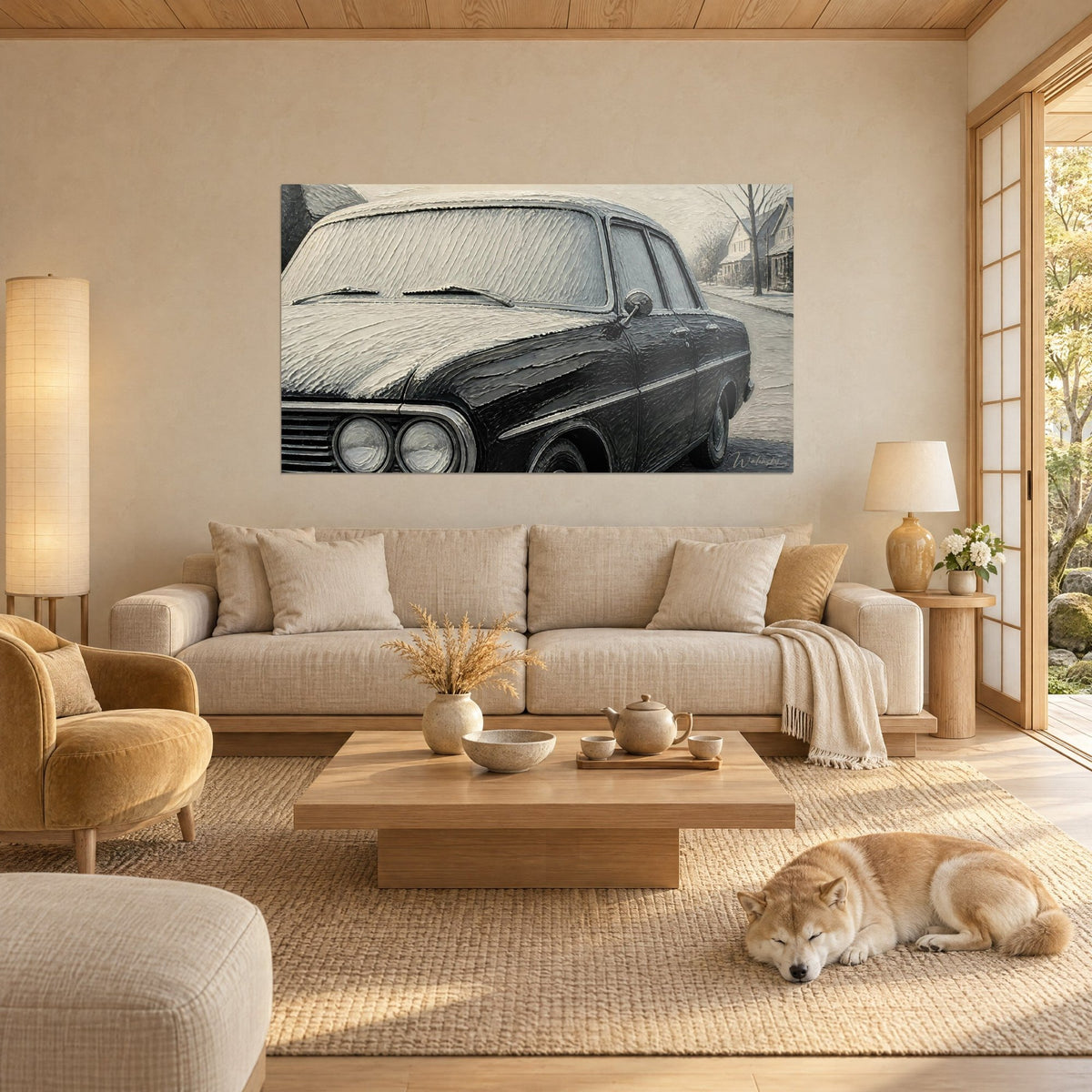 Wall art of a black sedan under thick frost, white hood and silver chrome, sleeping Shiba above a sofa in a bright living room