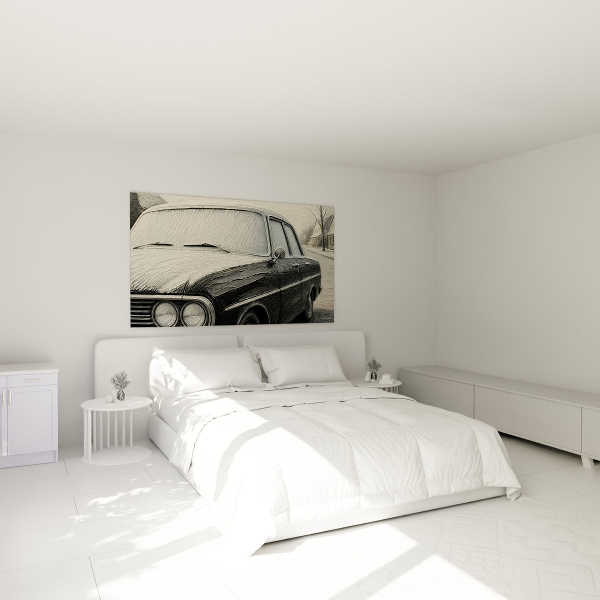 Voiture ancienne noire couverte de neige blanche, accrochée au-dessus d'un lit dans une chambre claire