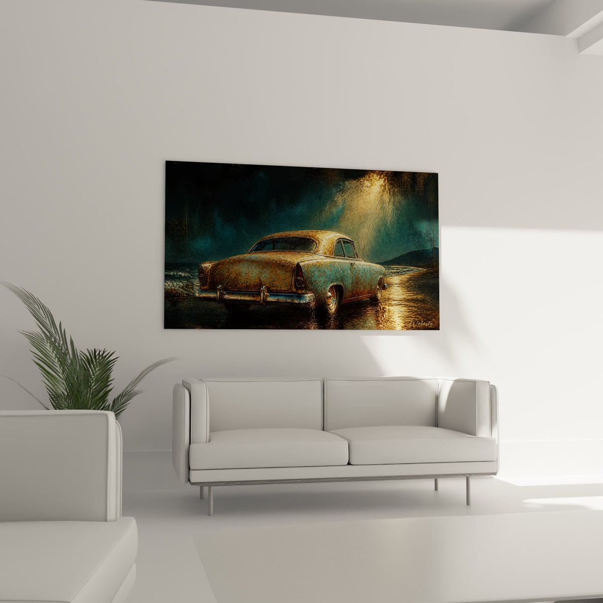 Automobile ancienne turquoise et dorée éclairée au-dessus d'un canapé dans un salon lumineux
