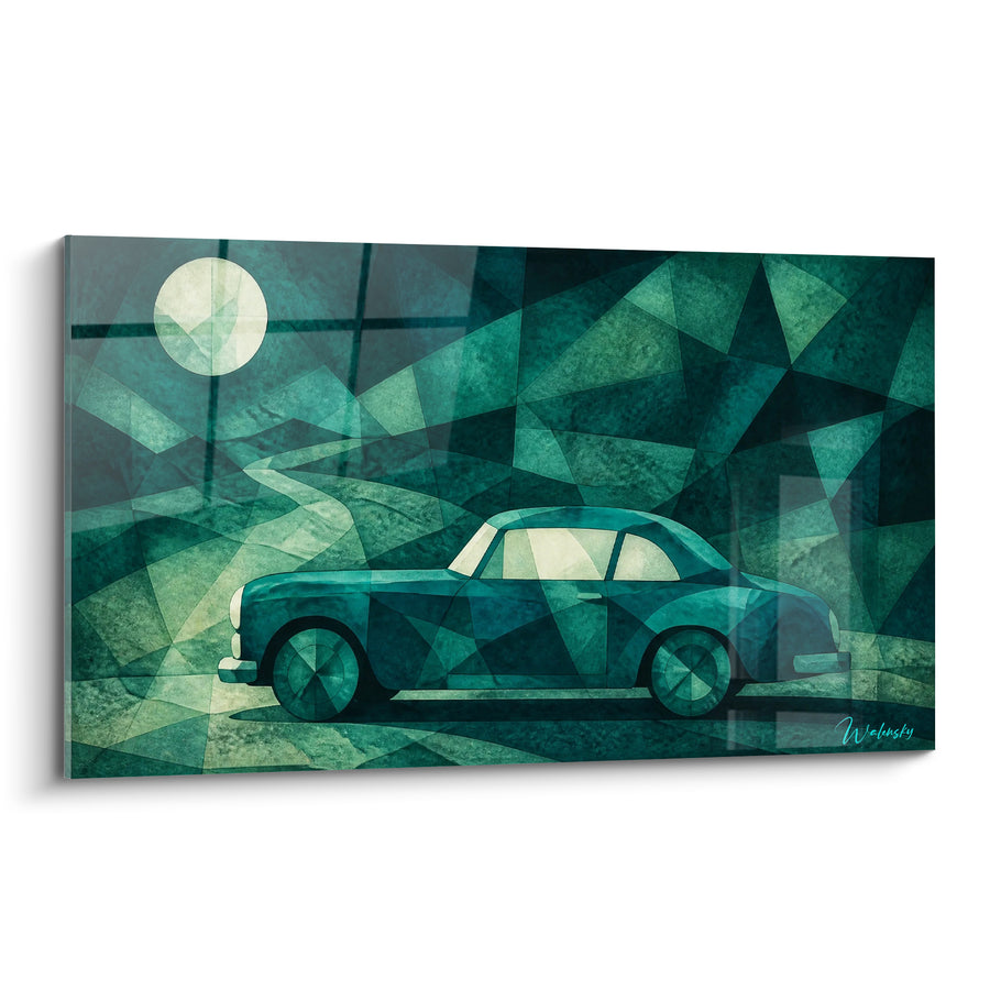 Tableau Voiture ancienne verte sous pleine lune - Nuit géométrique - Edition voiture