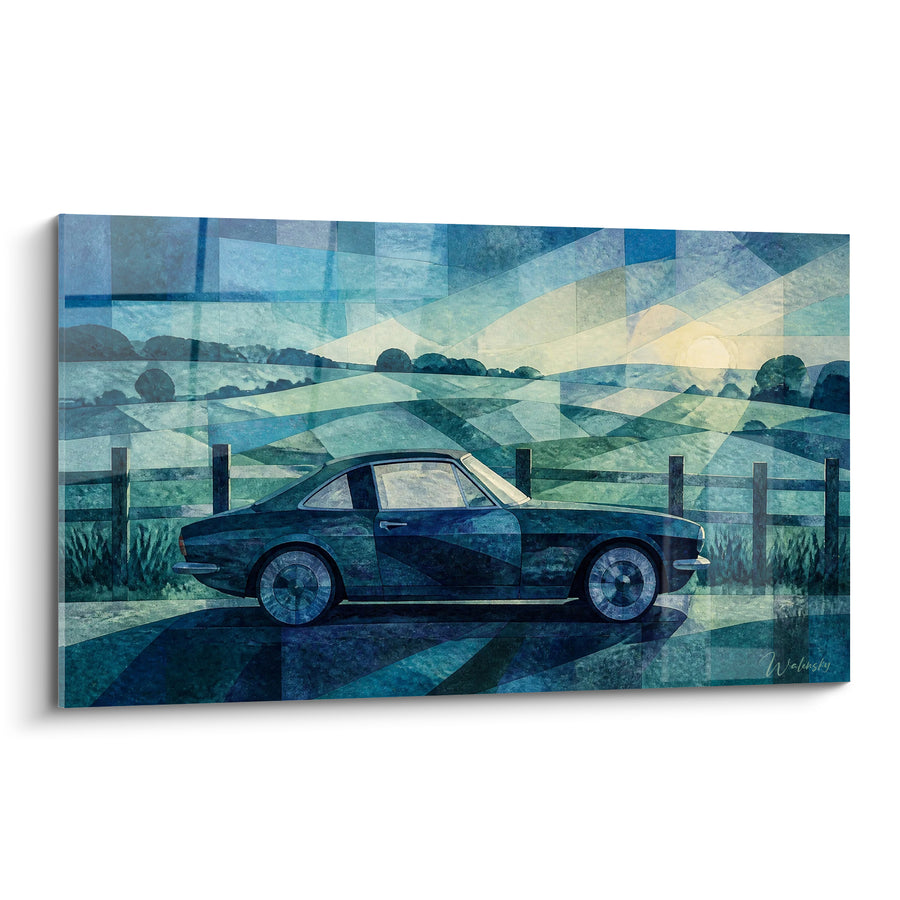 Tableau Voiture bleu marine et turquoise sur route de campagne - Halte matinale - Edition voiture