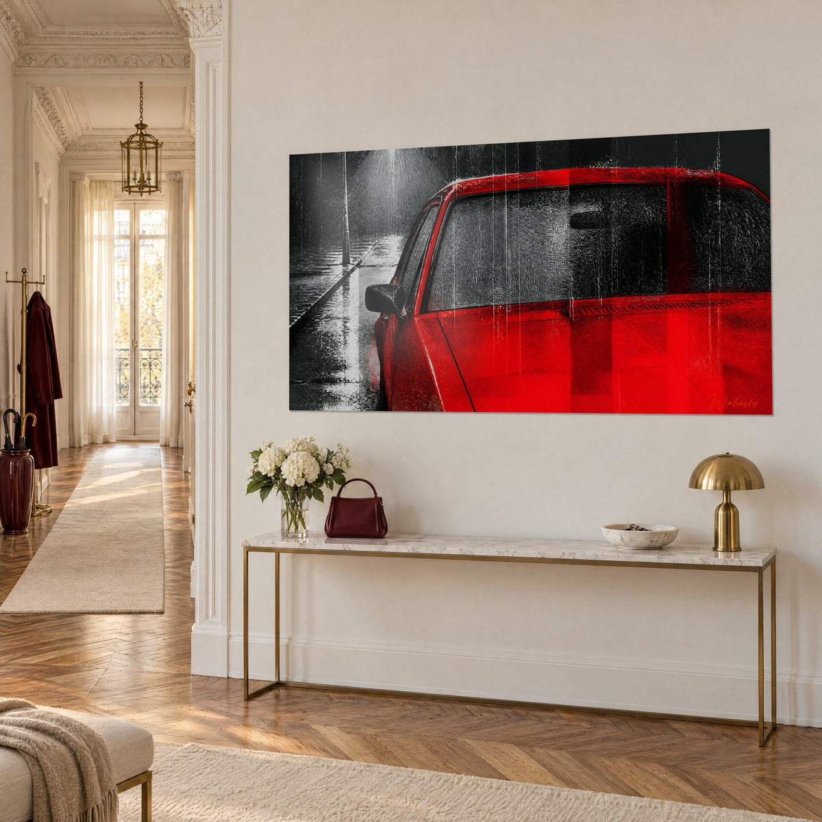 Wall art of a dripping scarlet bodywork, anthracite fogged windshield and black side mirror, on a beige wall of a Haussmann-style entrance hall