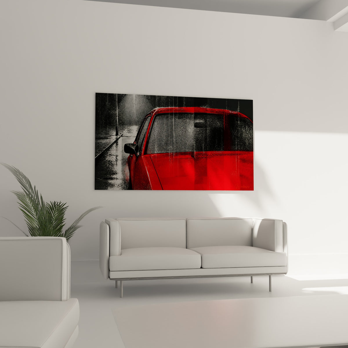 Voiture rouge sang trempée par la pluie sur fond noir au-dessus d'un canapé dans un salon lumineux