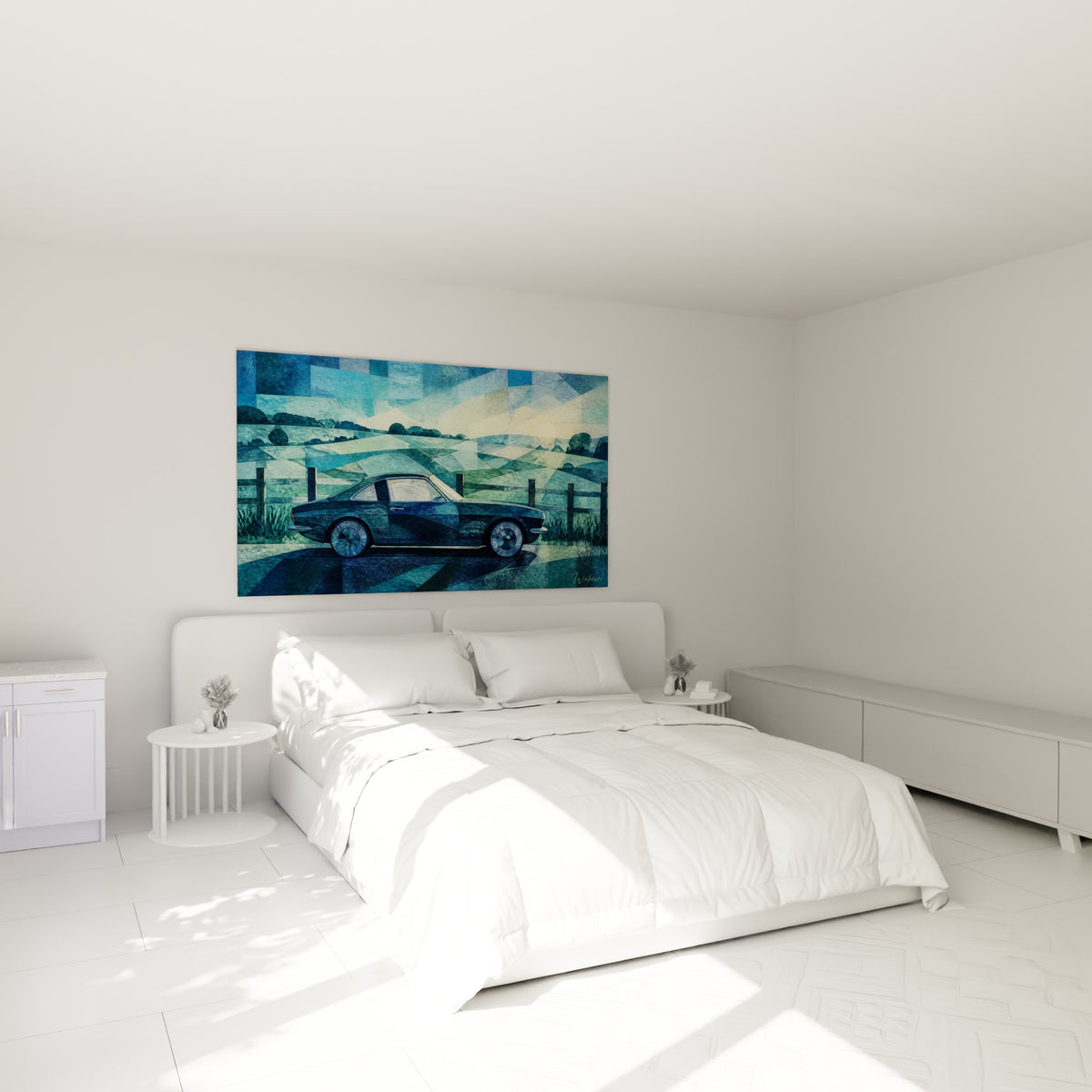 Voiture rétro anthracite et bleu nuit accrochée au-dessus d'un lit dans une chambre claire