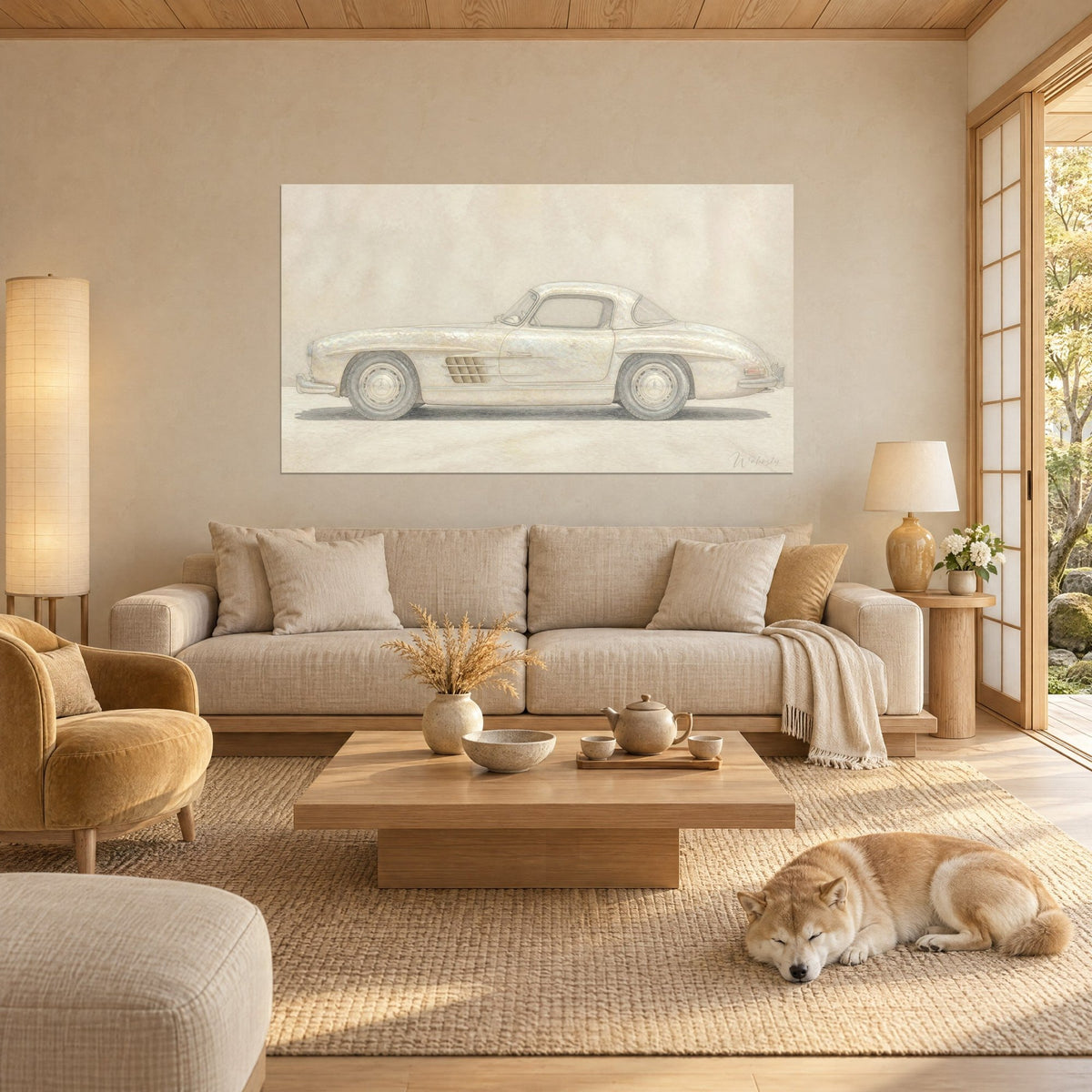 Wall art of a sporty coupé with ivory and sandy beige pearlescent wings, golden side vents, above a sofa in a bright living room