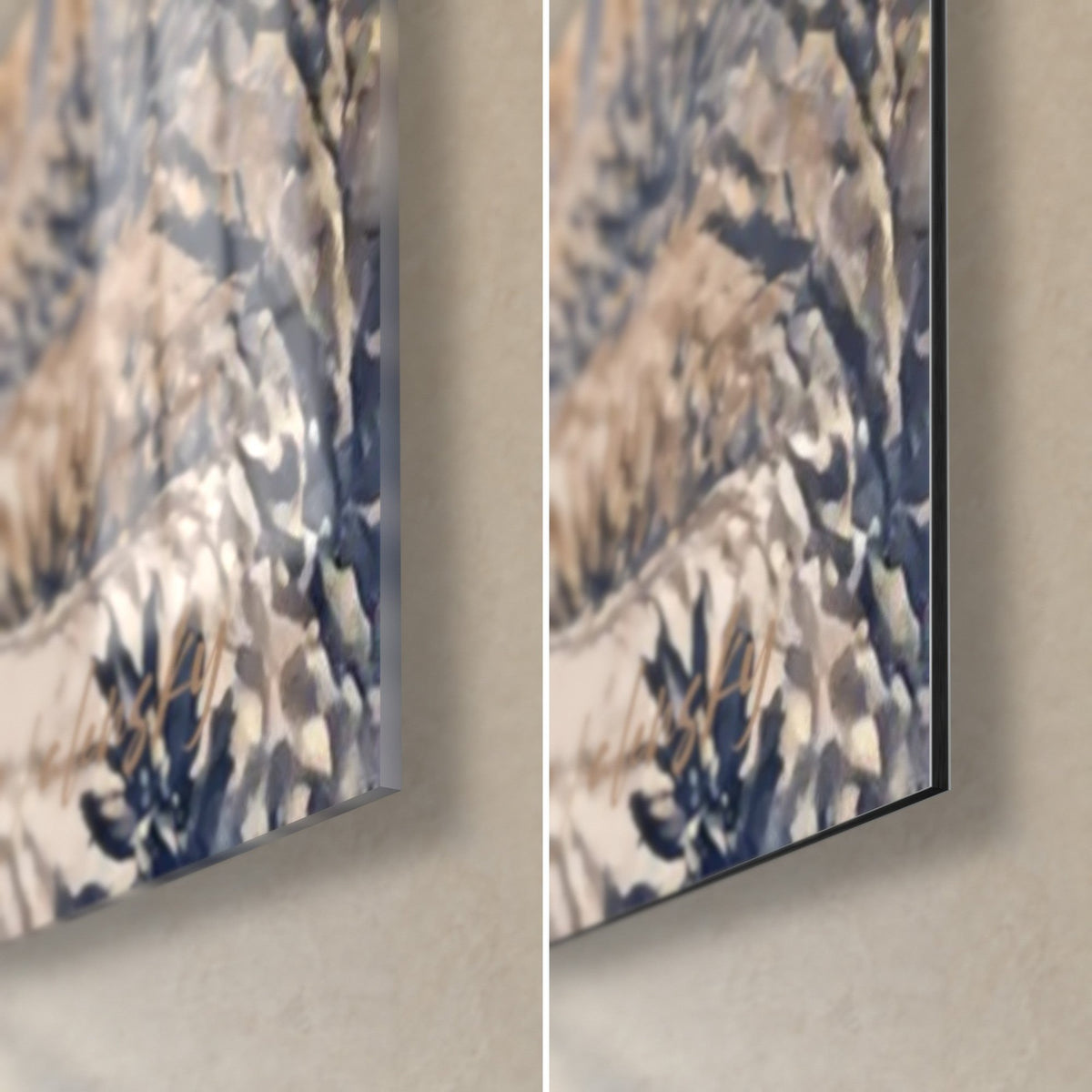 Wall art of a navy blue coupe, bottom right corner: glossy acrylic glass with reflections on the left, matte Dibond aluminium on the right, 3 mm edge