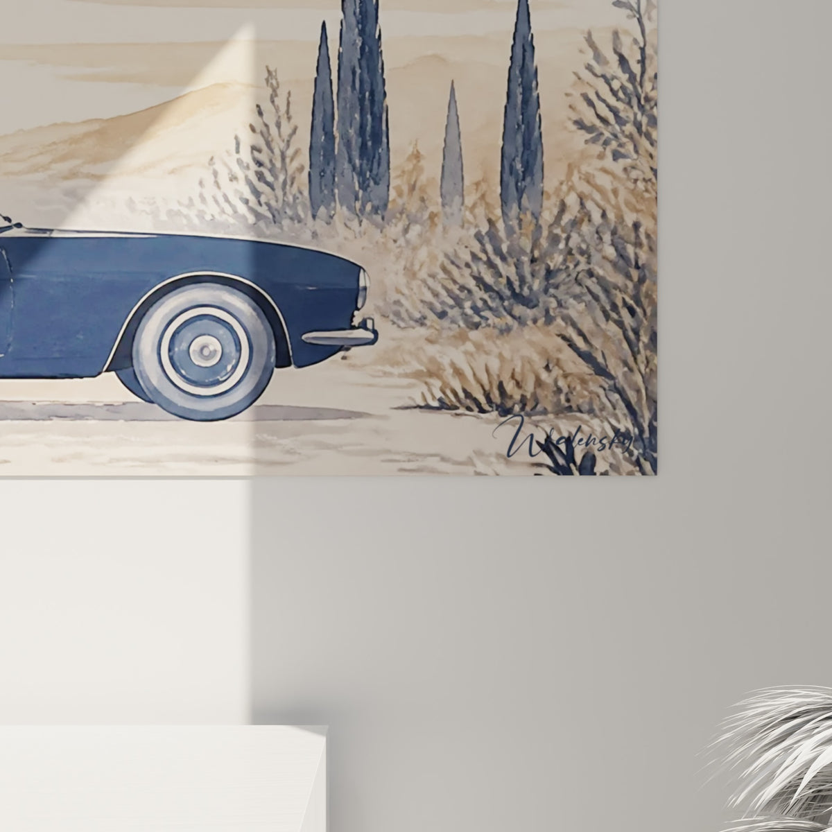 Empâtements bleu marine et ocre visibles de près sur la carrosserie de ce tableau voiture