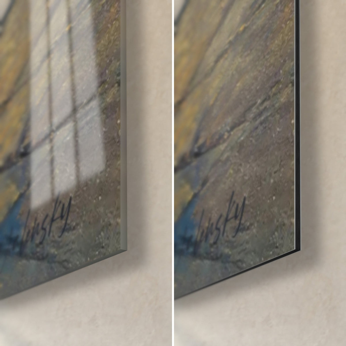 Wall art of a blue convertible with golden reflections, bottom right corner: glossy acrylic glass on the left, matte black Dibond on the right