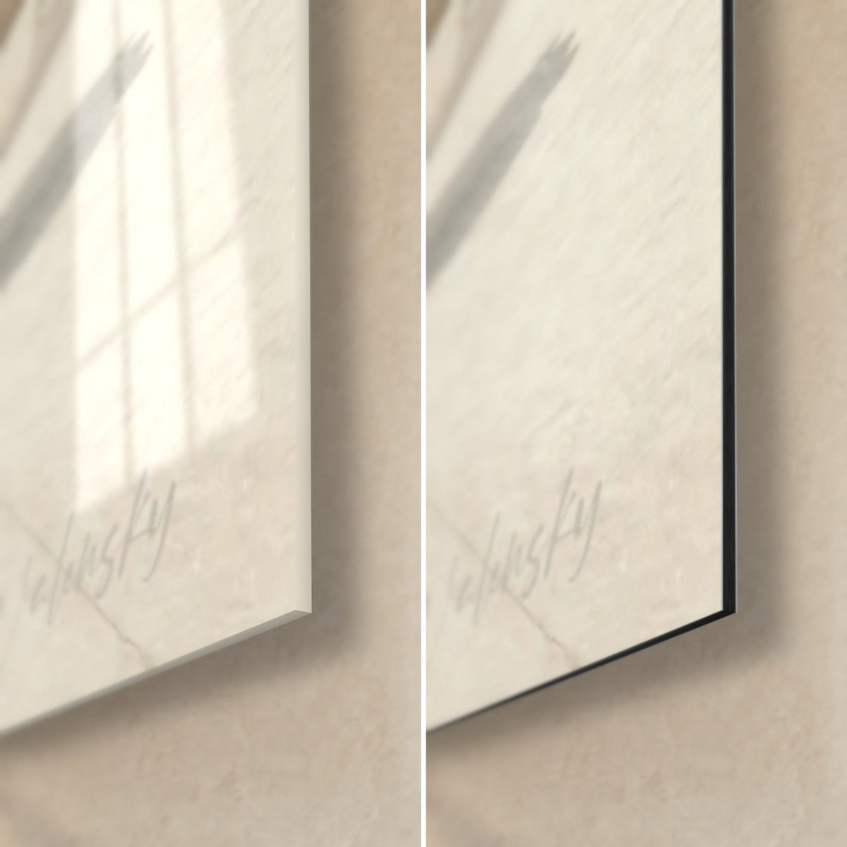 Wall art of a vintage automobile in ivory and beige, bottom right corner in glossy glass with reflections and matt black Dibond, thin 3 mm edge