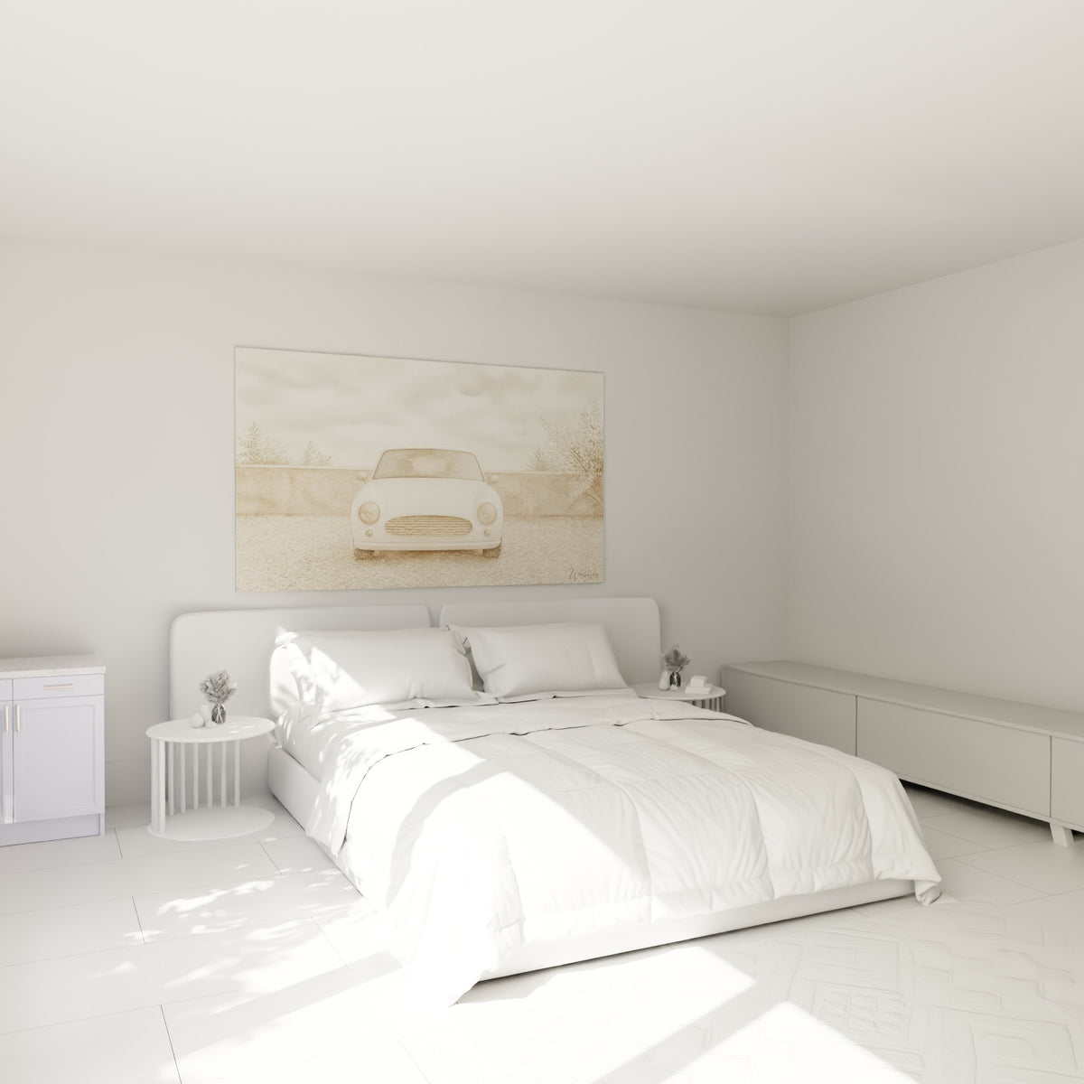 Carrosserie ivoire et fond beige brumeux de cette voiture rétro au-dessus d'un lit dans une chambre claire