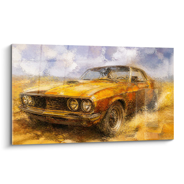 Schilderij Muscle Car Geel en Stofig Blauwe Lucht - Race in het Stof - Auto Editie