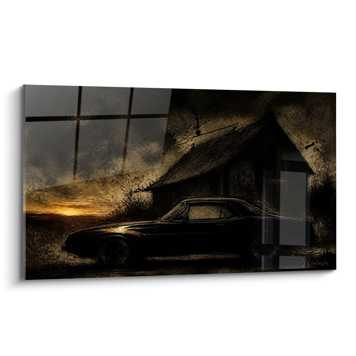 Tableau voiture noire ancienne devant une grange, ciel doré et noir profond au crépuscule