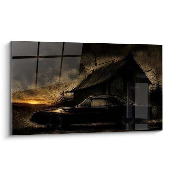 Tableau Silhouette noire et dorée près d'une grange - Veillée crépusculaire - Edition voiture